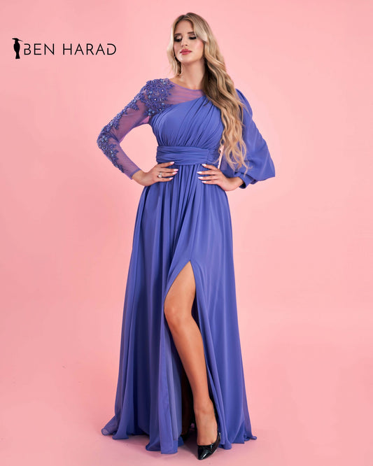 Blue drape wrap One Shoulder Sequin Mesh with Split Thigh Chiffon Maxi Dress