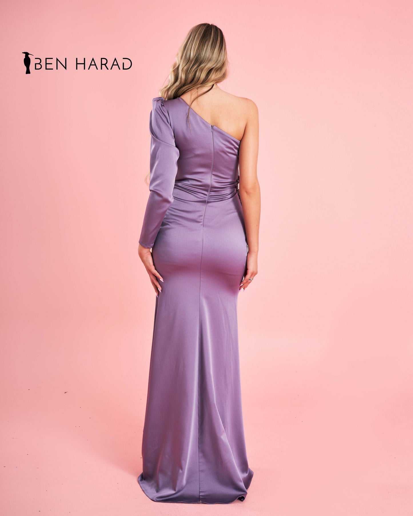 Moderate Purple One Shoulder Full Sleeve Split Thigh Maxi Satin Dress