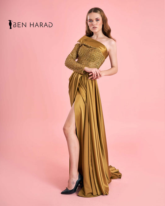 Golden Embroidered Sequin Bodice Split Thigh Maxi Satin Dress