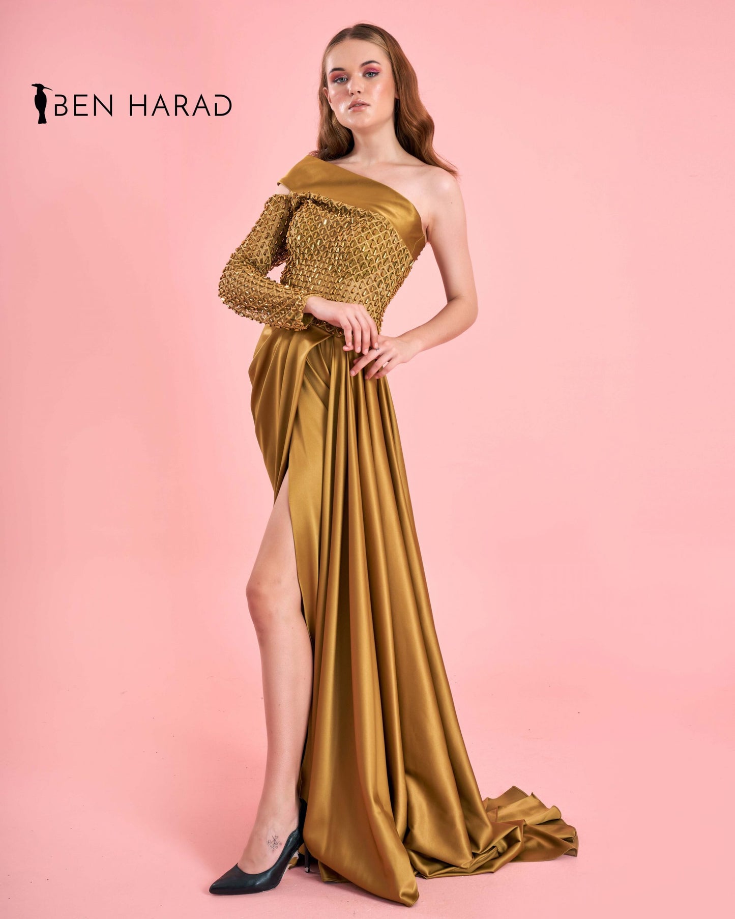 Golden Embroidered Sequin Bodice Split Thigh Maxi Satin Dress