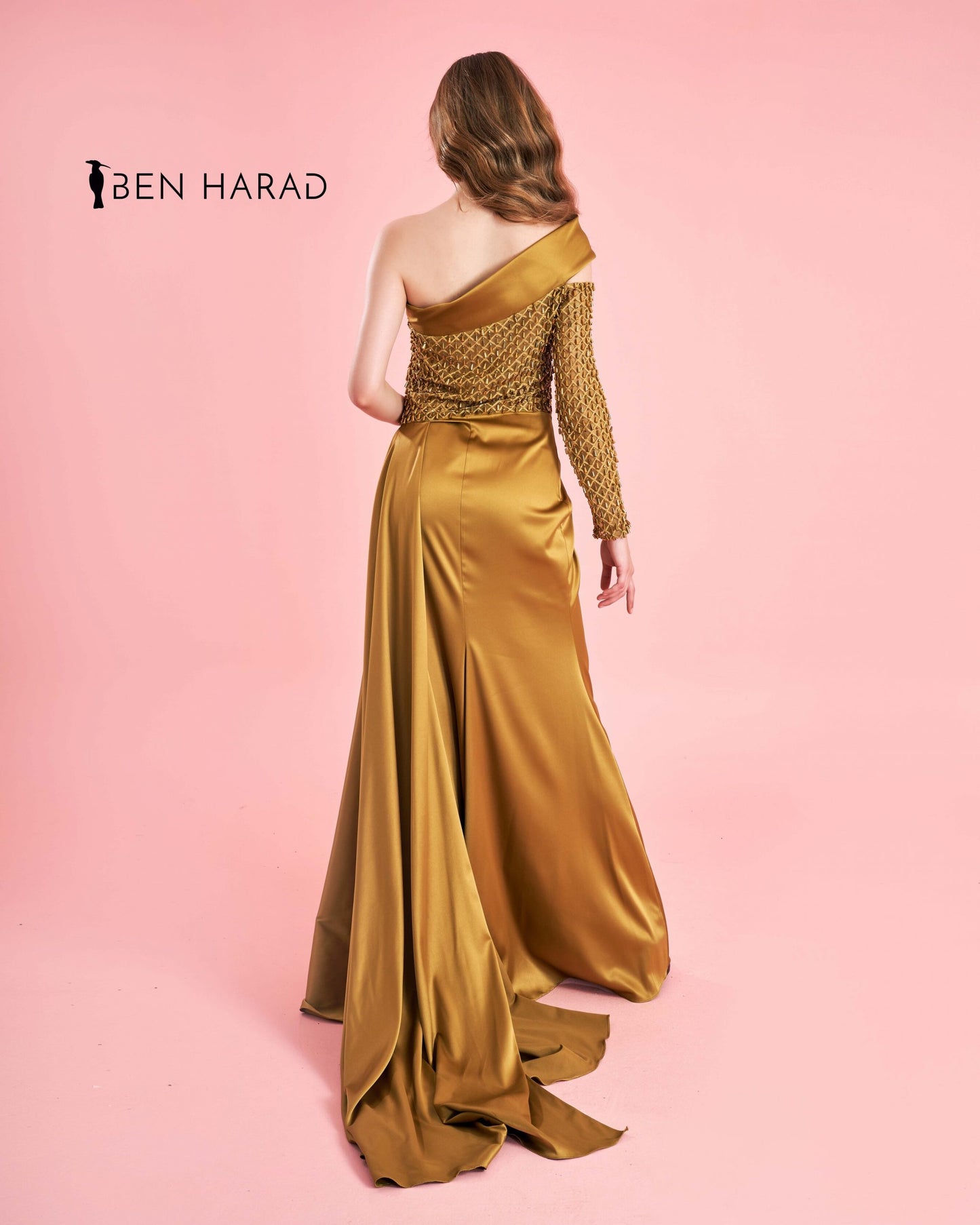 Golden Embroidered Sequin Bodice Split Thigh Maxi Satin Dress