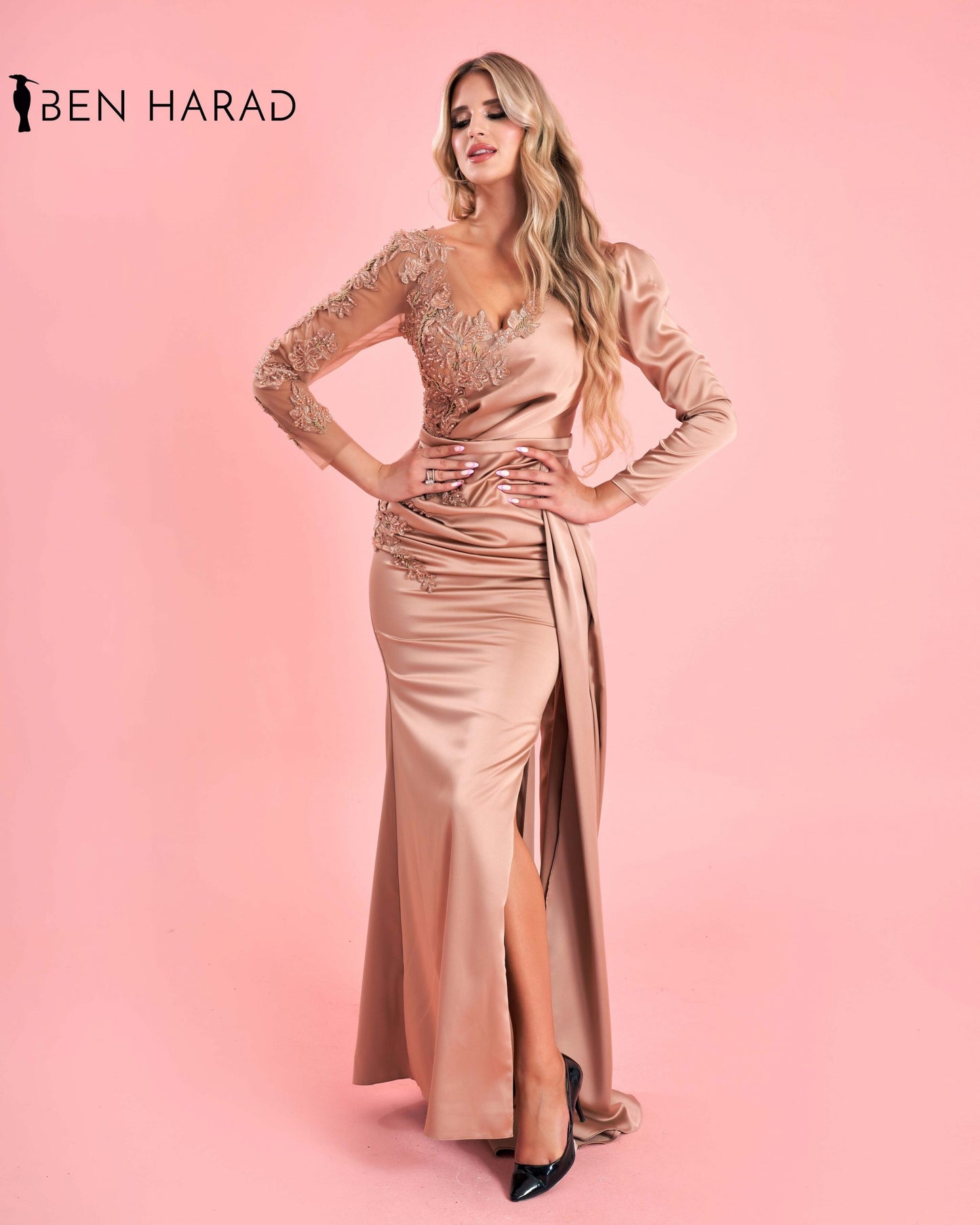 Pastel Peach Embroidered Belted Mermaid Maxi Satin Dress