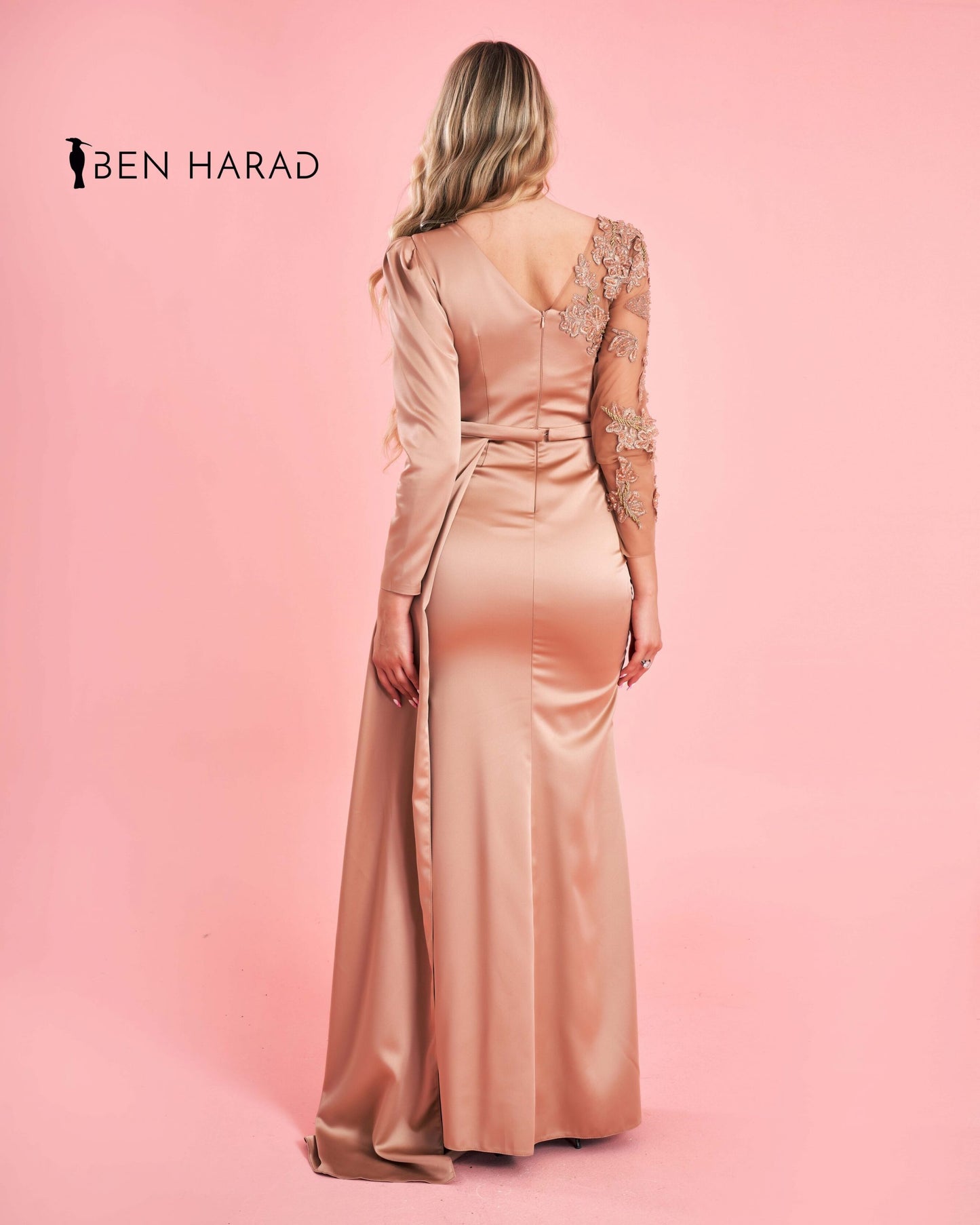 Pastel Peach Embroidered Belted Mermaid Maxi Satin Dress