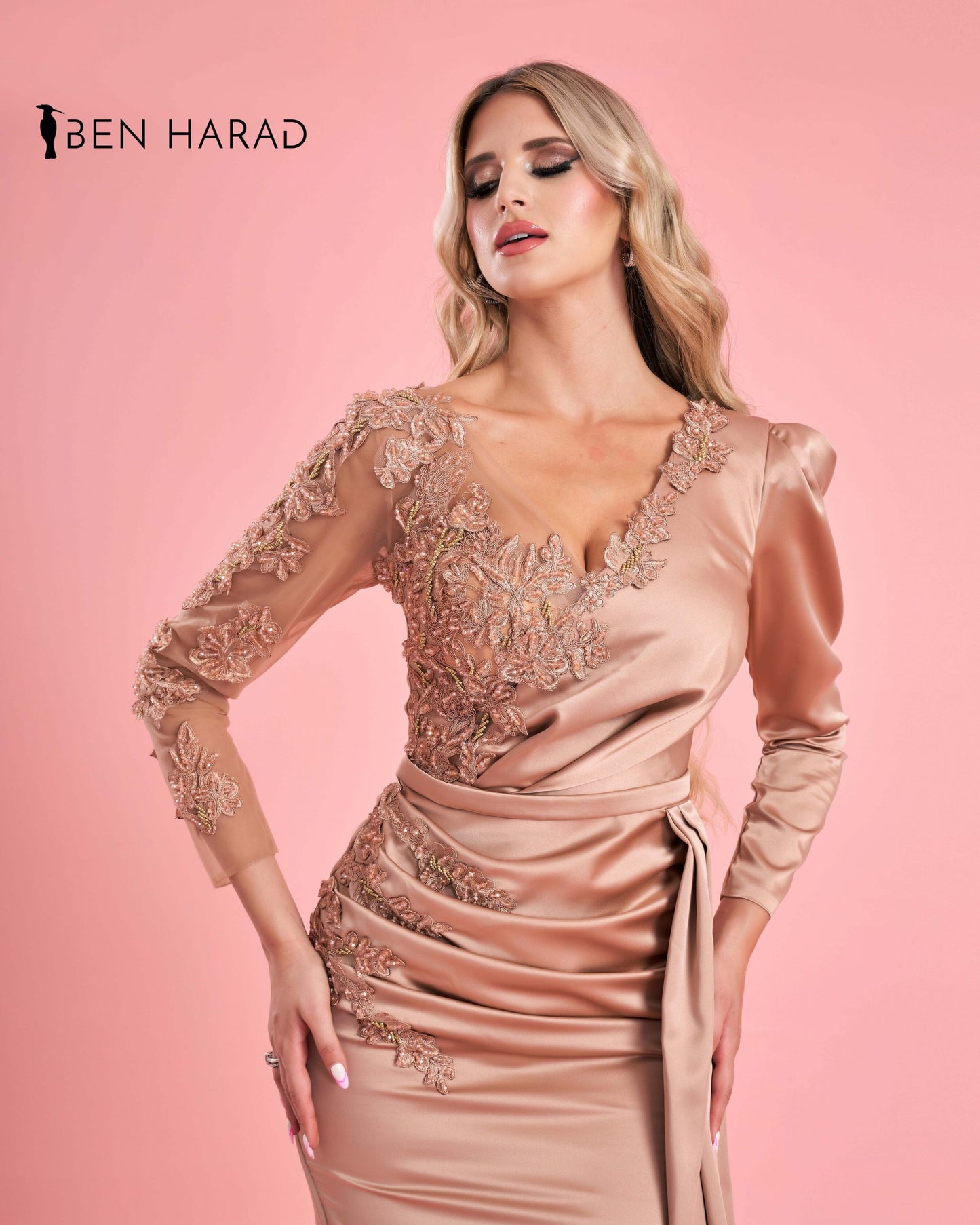 Pastel Peach Embroidered Belted Mermaid Maxi Satin Dress