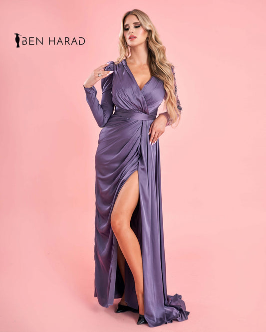 Moderate Purple Deep V Neck Long Sleeve Belted Maxi Satin Dress