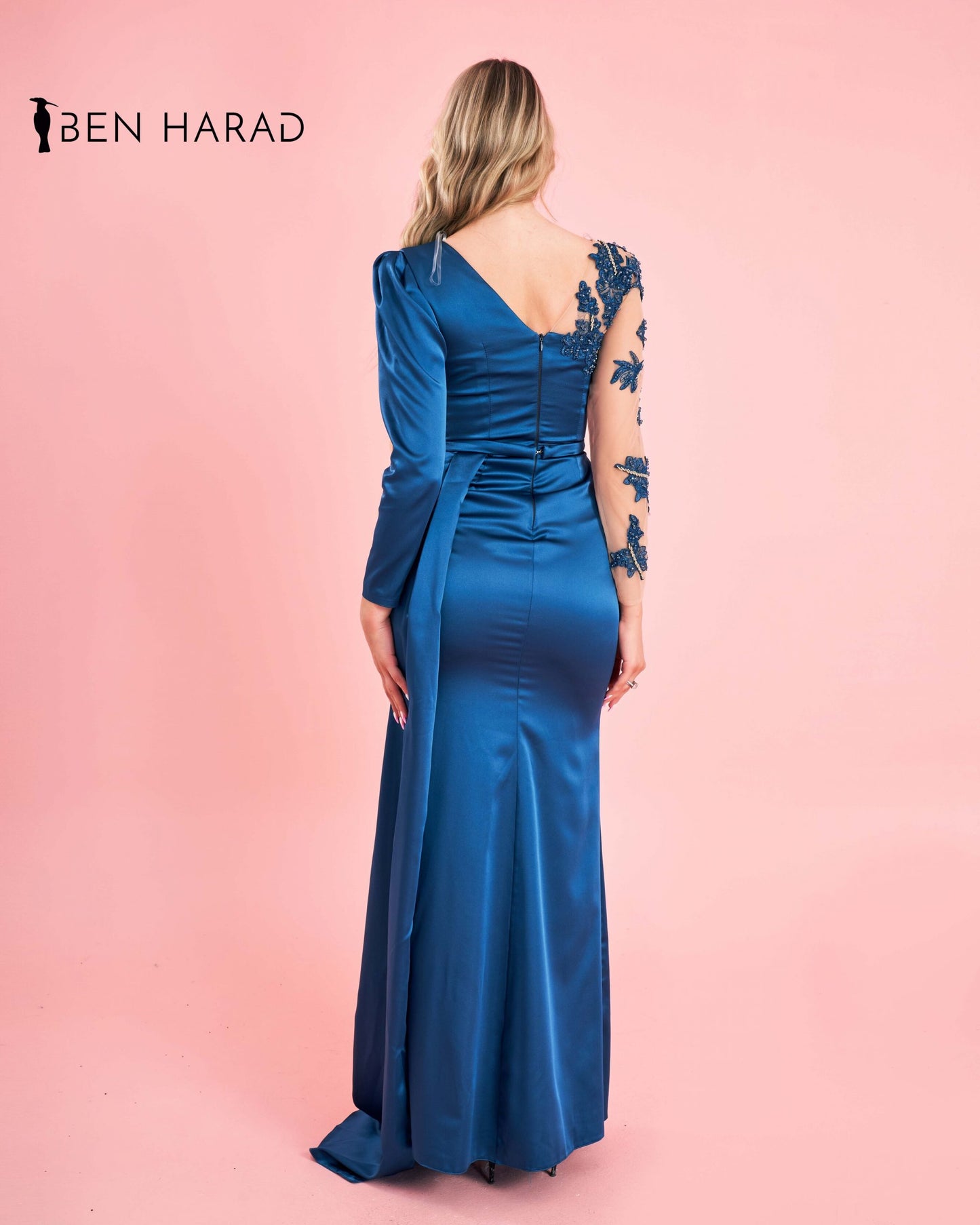 Blue Embroidered Belted Mermaid Maxi Satin Dress