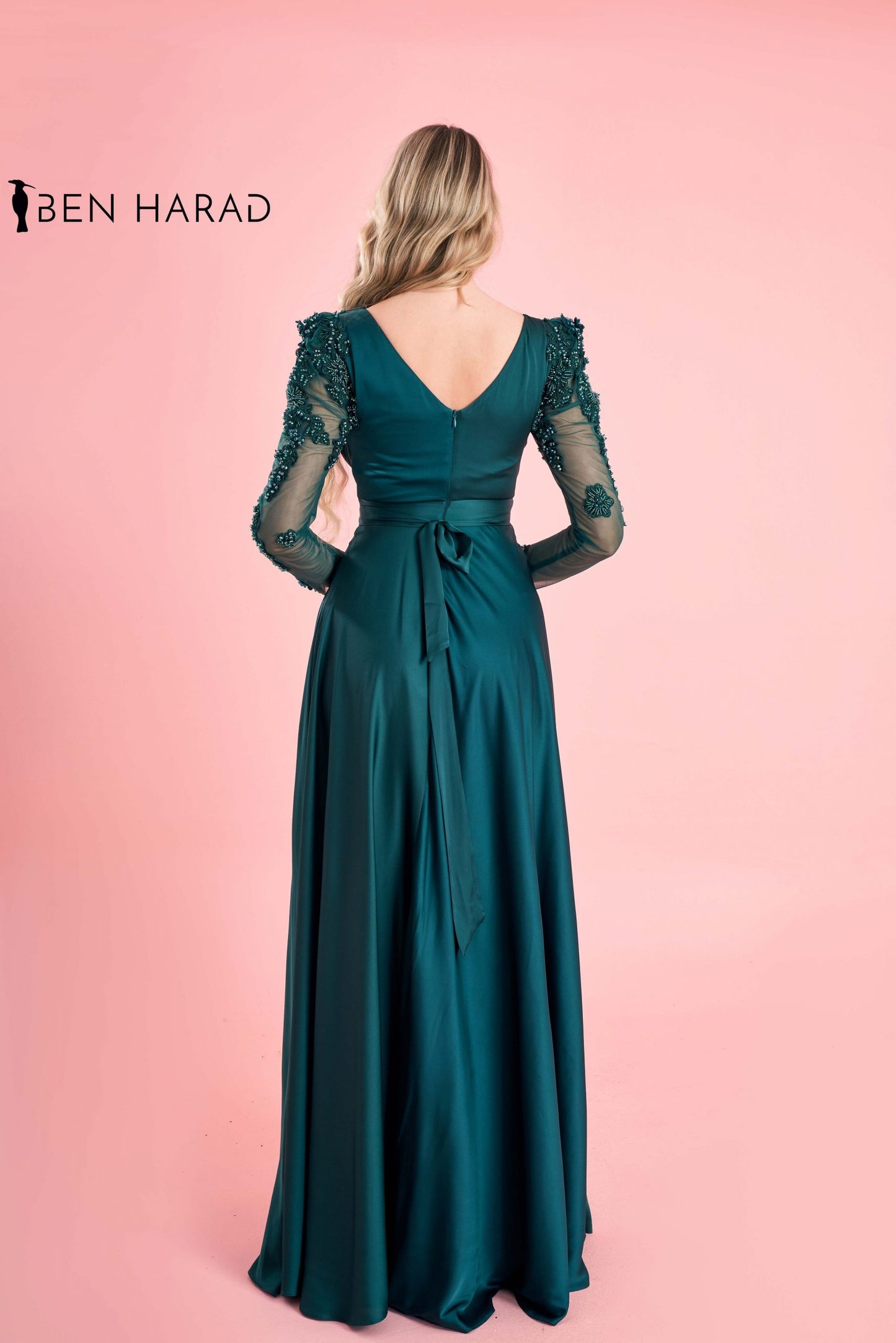 Teal Green Belted Full Embroidered Sequin Sleeve Flowing Satin Dress
