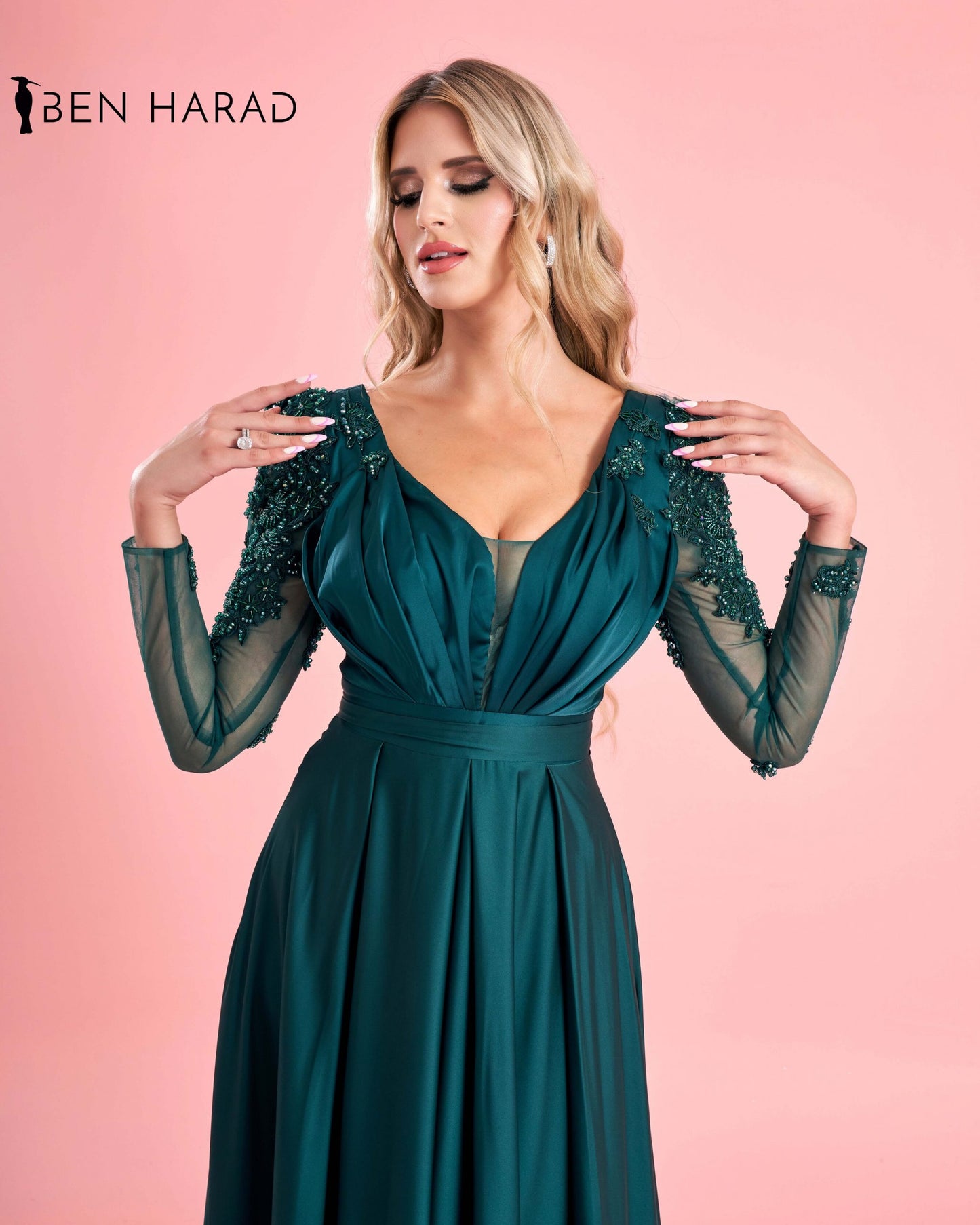 Teal Green Belted Full Embroidered Sequin Sleeve Flowing Satin Dress