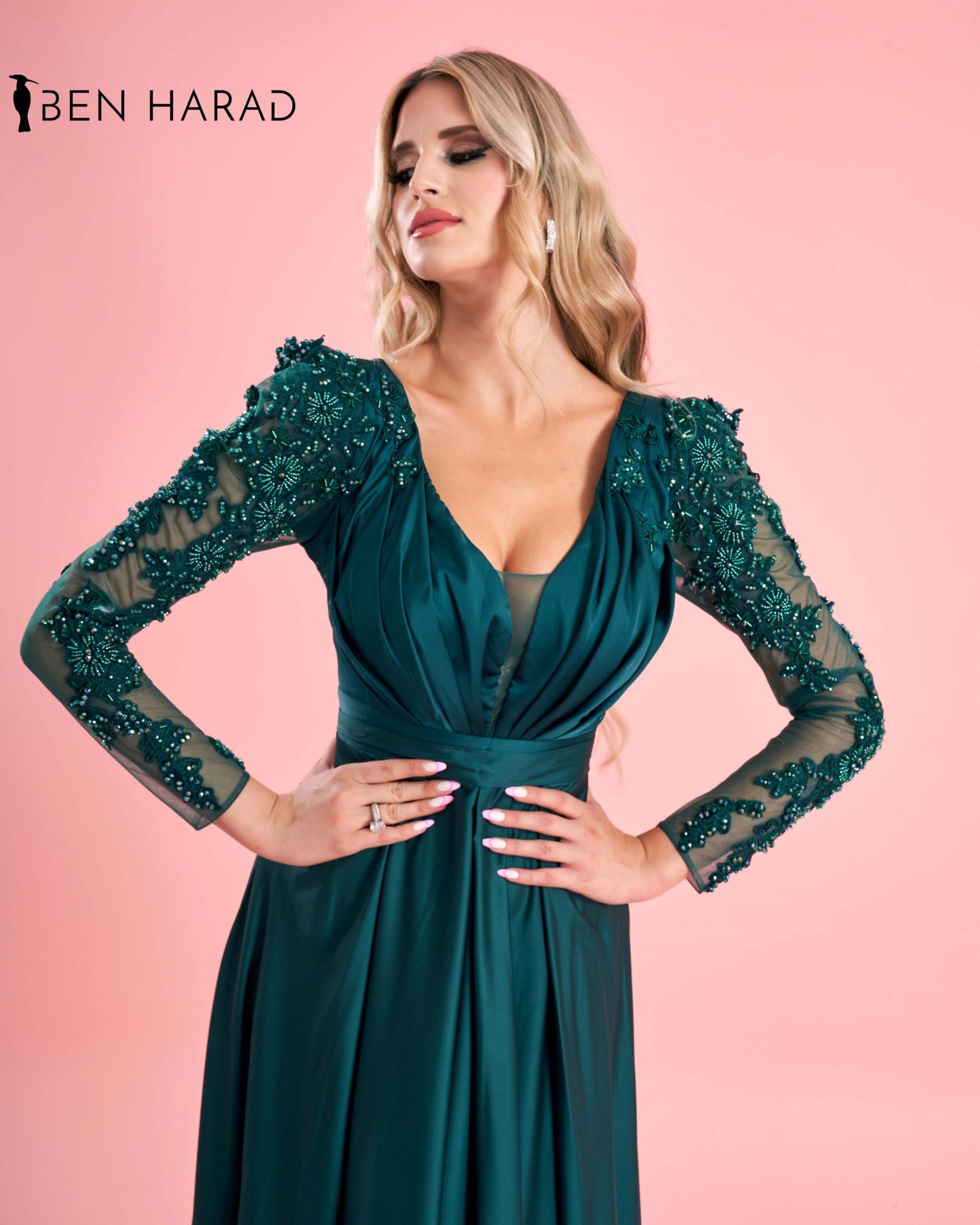 Teal Green Belted Full Embroidered Sequin Sleeve Flowing Satin Dress