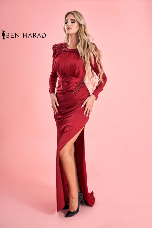 Red Belted Full Sleeve Split Thigh Satin Maxi Dress