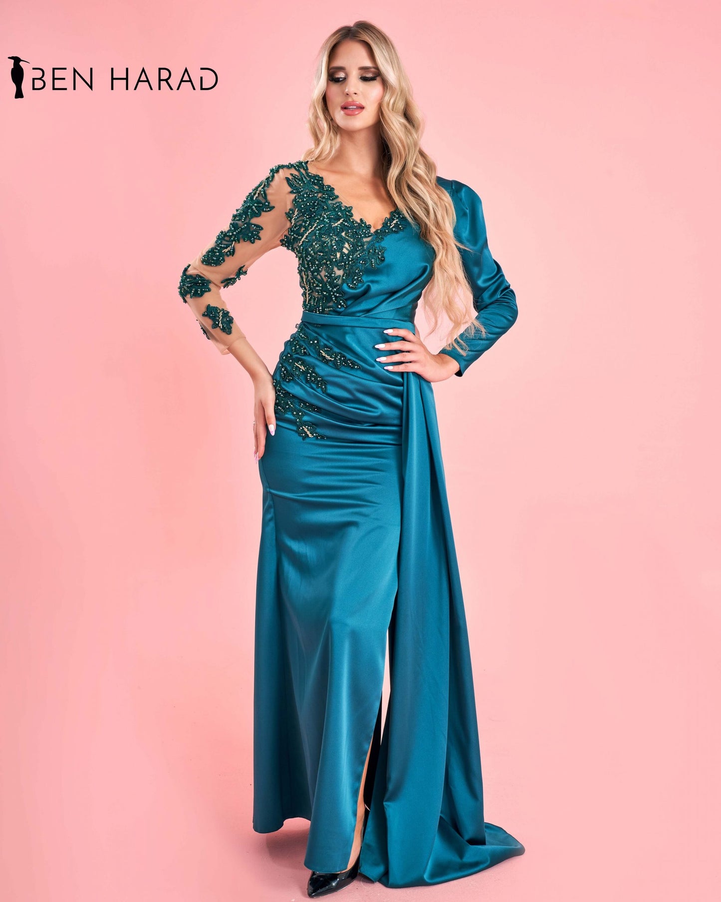 Turquoise Embroidered Belted Mermaid Maxi Satin Dress