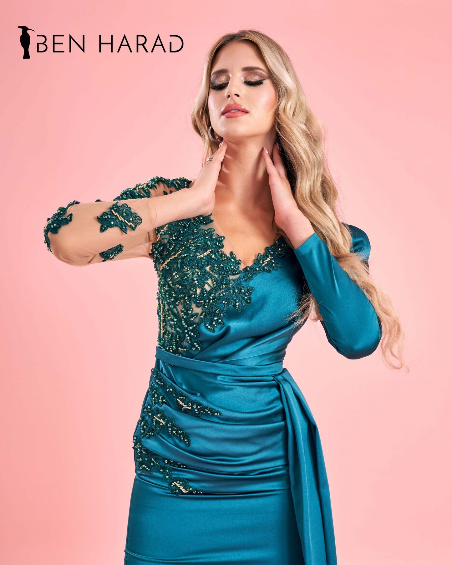 Turquoise Embroidered Belted Mermaid Maxi Satin Dress