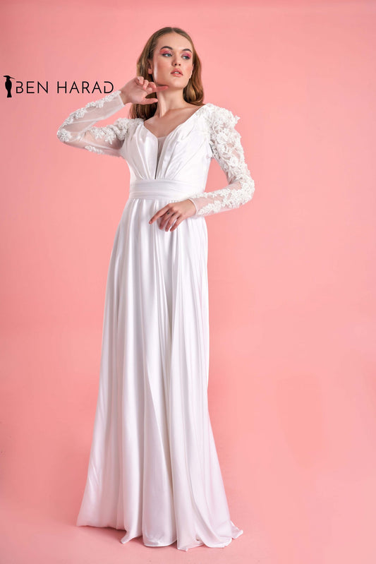 White Belted Full Embroidered Sequin Sleeve Flowing Satin Dress