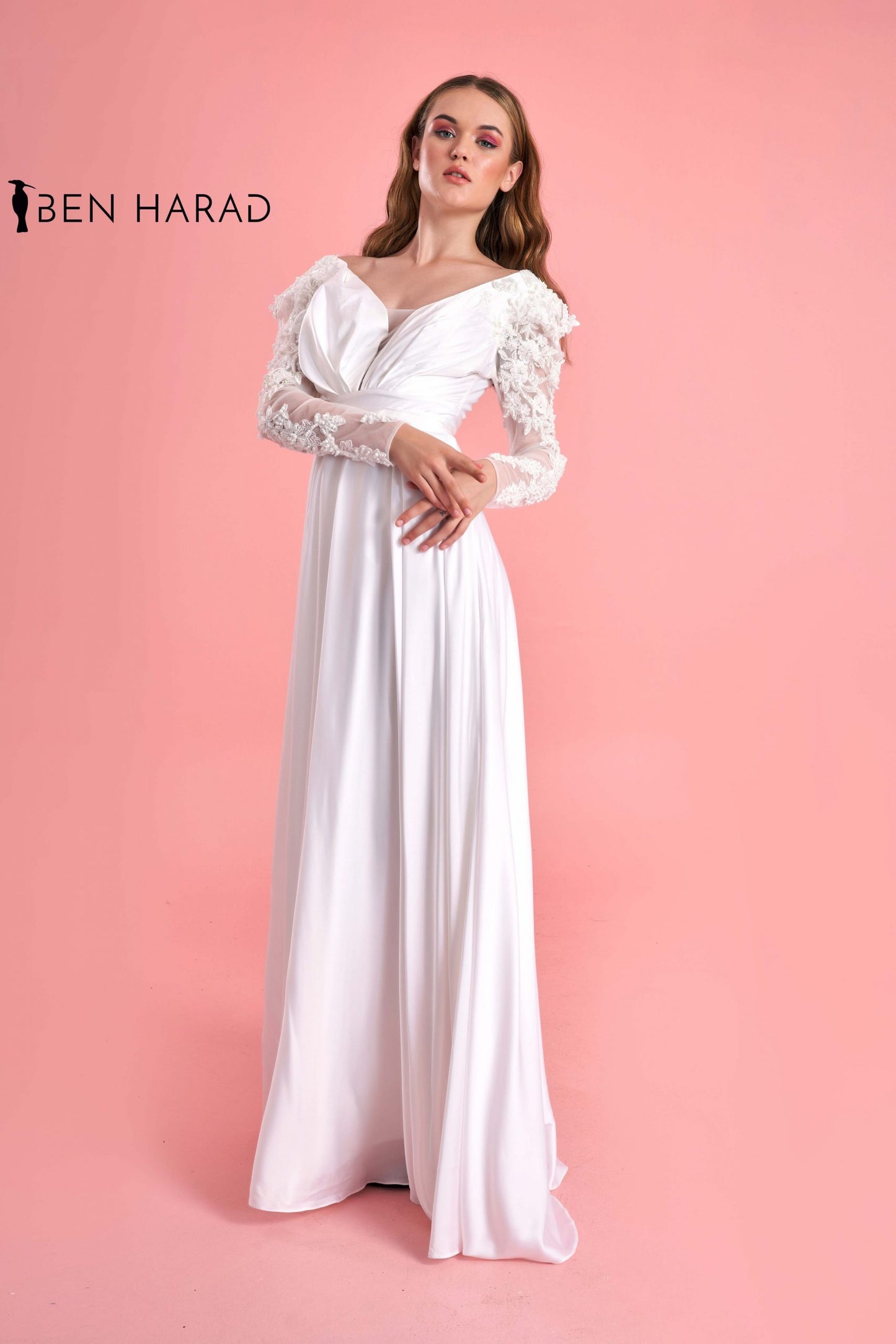 White Belted Full Embroidered Sequin Sleeve Flowing Satin Dress