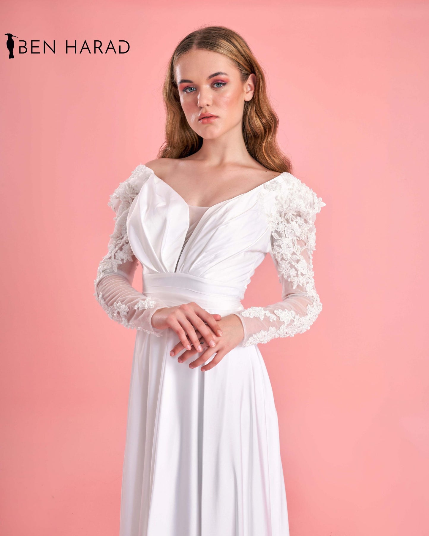 White Belted Full Embroidered Sequin Sleeve Flowing Satin Dress