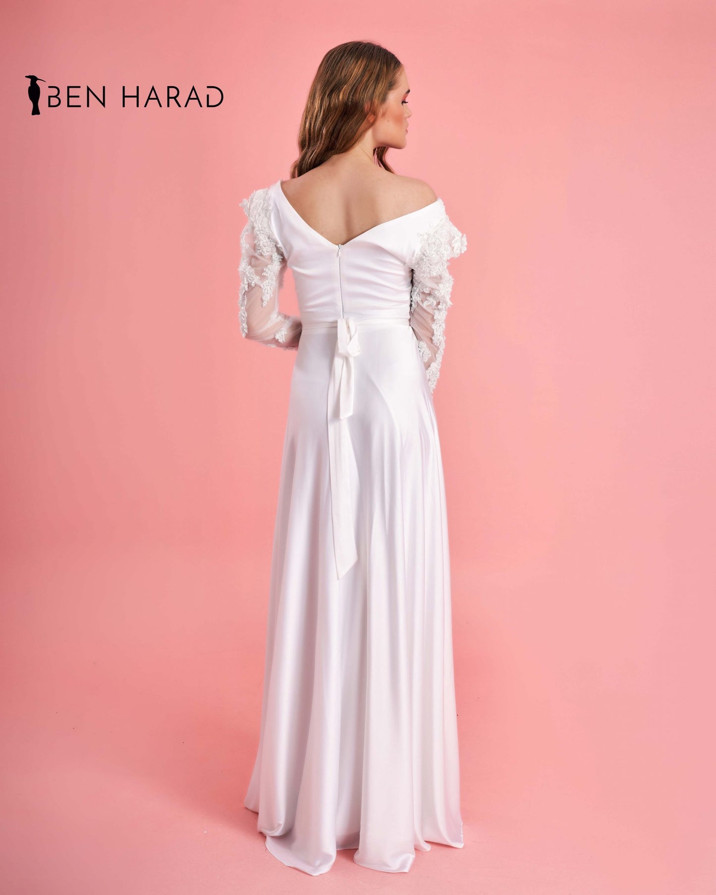 White Belted Full Embroidered Sequin Sleeve Flowing Satin Dress