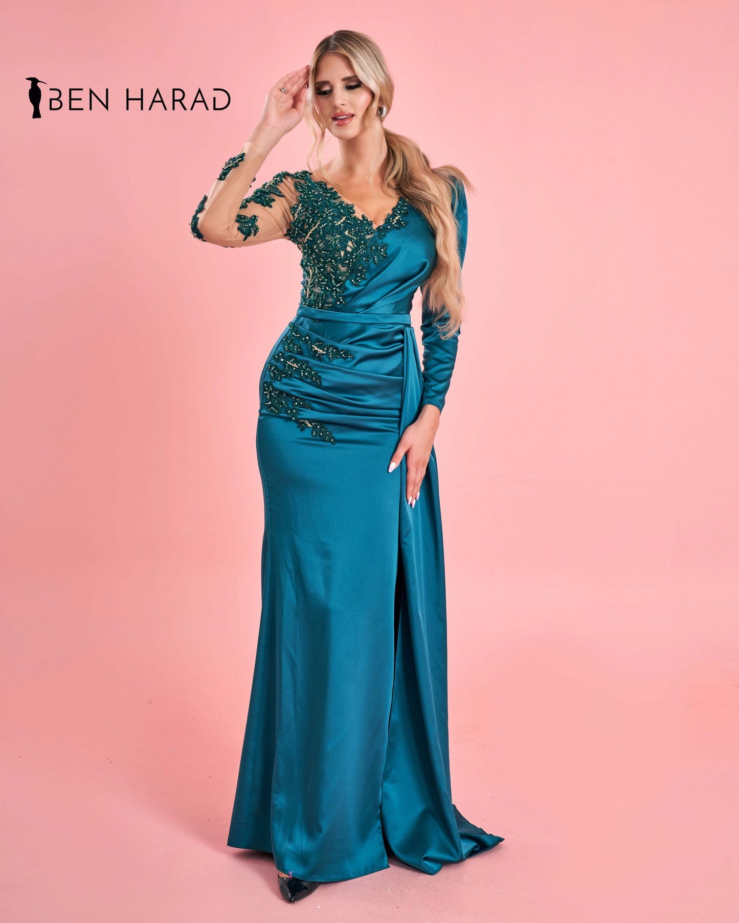Turquoise Embroidered Belted Mermaid Maxi Satin Dress