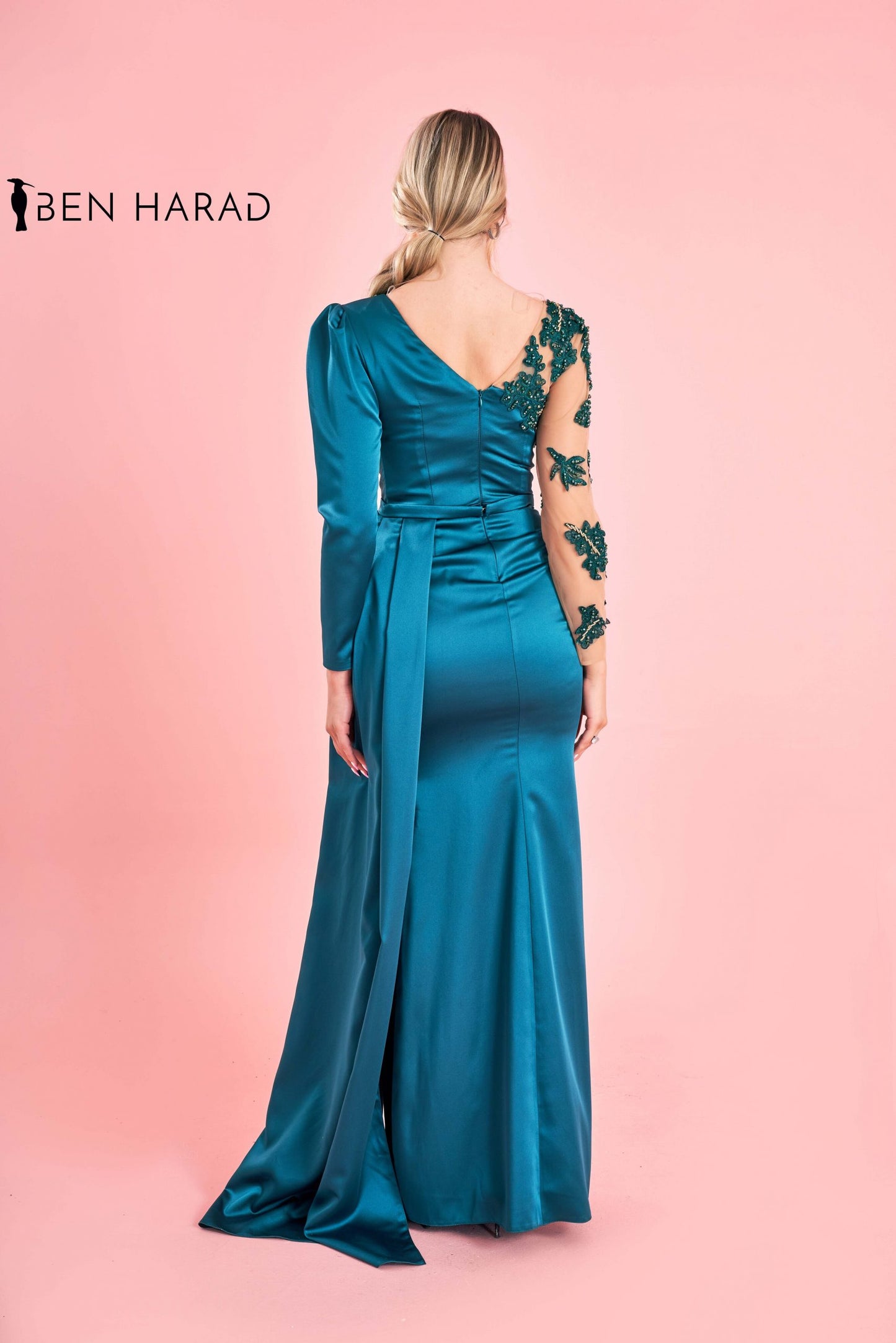 Turquoise Embroidered Belted Mermaid Maxi Satin Dress