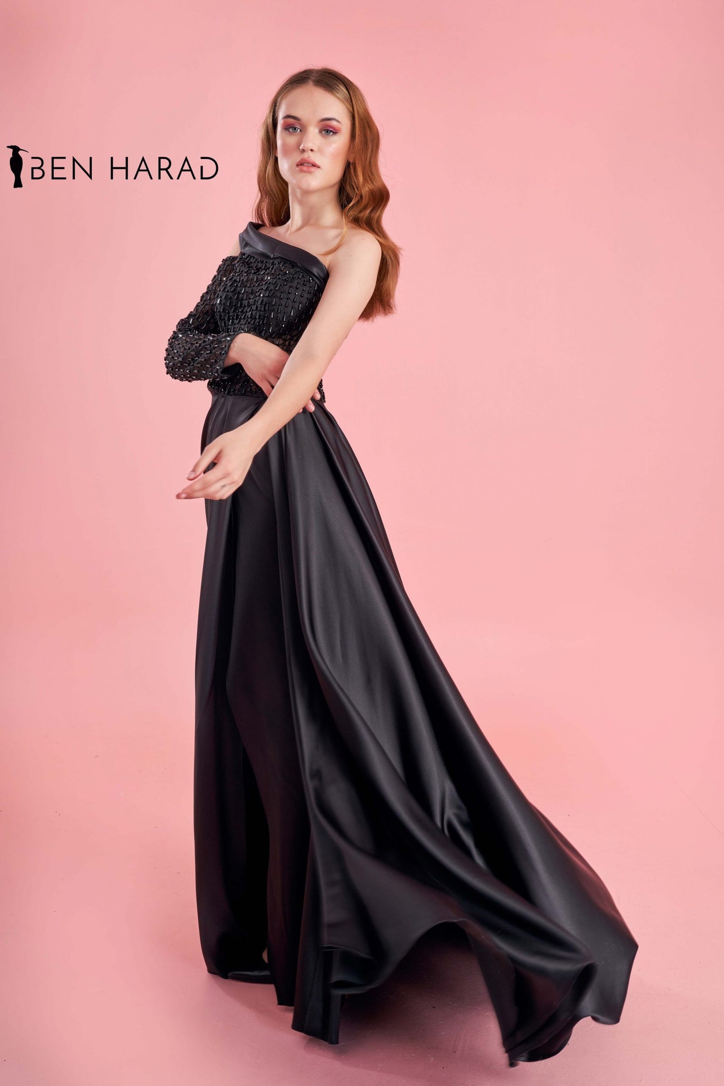 Black Embroidered Sequin Bodice Split Thigh Maxi Satin Dress