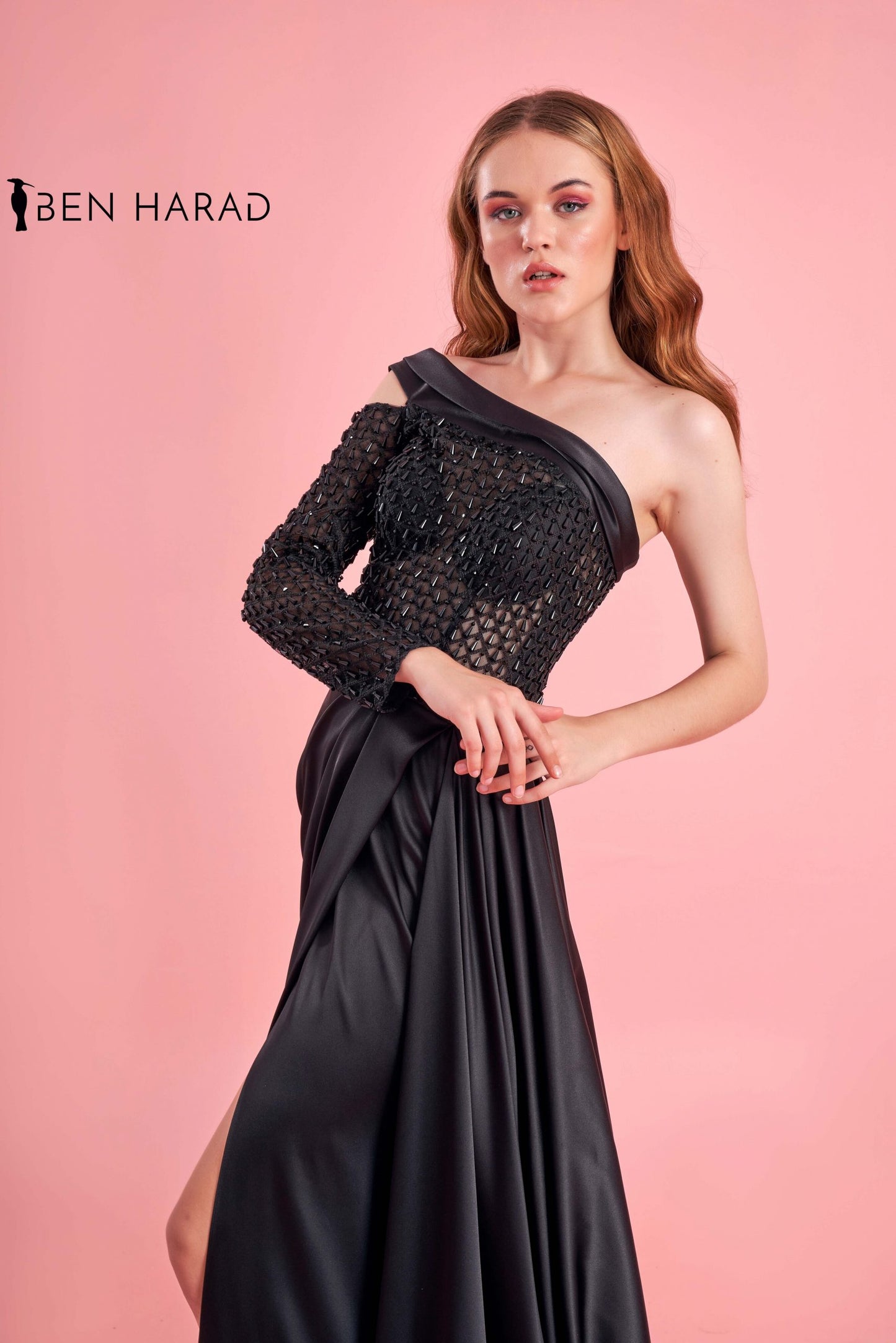 Black Embroidered Sequin Bodice Split Thigh Maxi Satin Dress