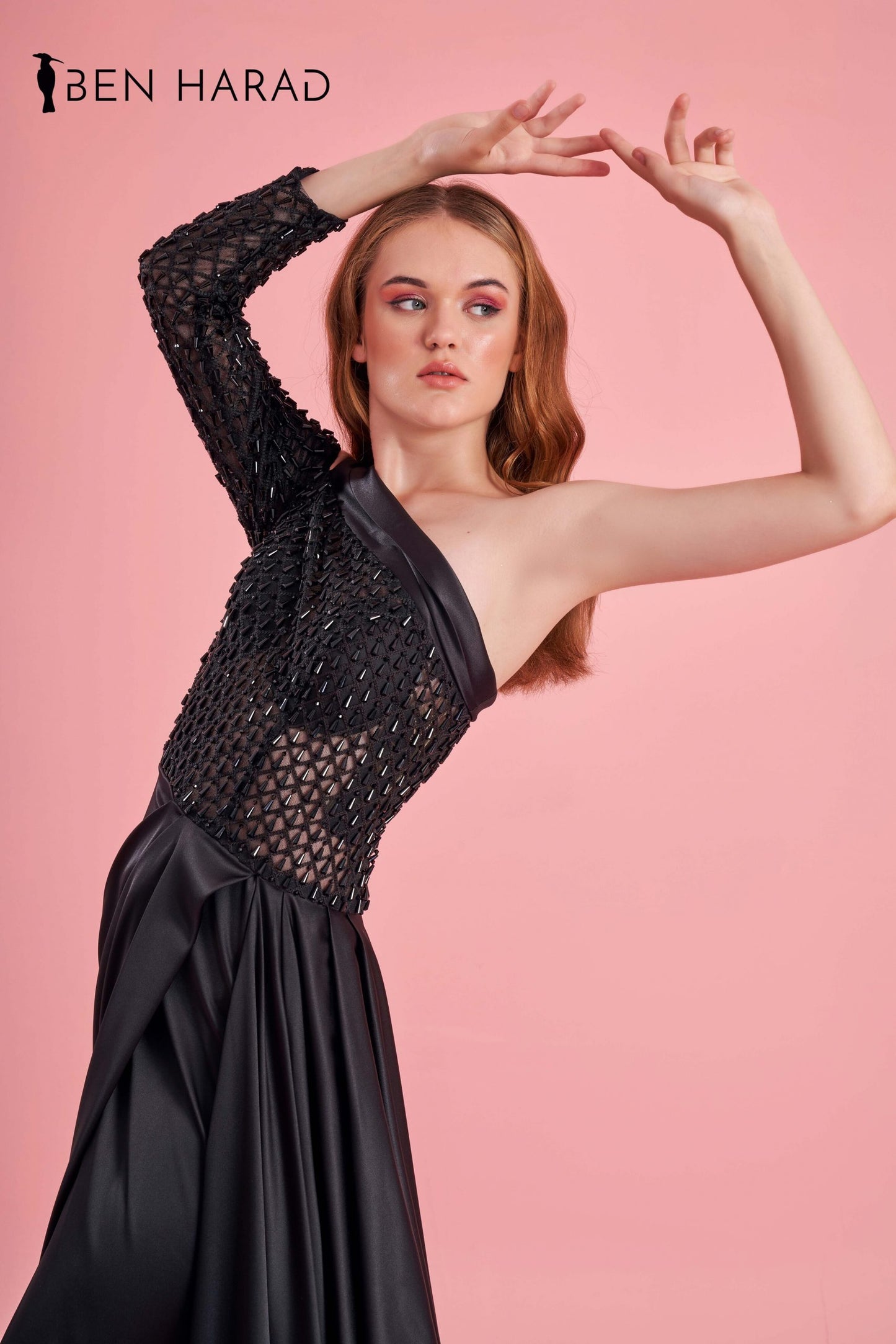 Black Embroidered Sequin Bodice Split Thigh Maxi Satin Dress
