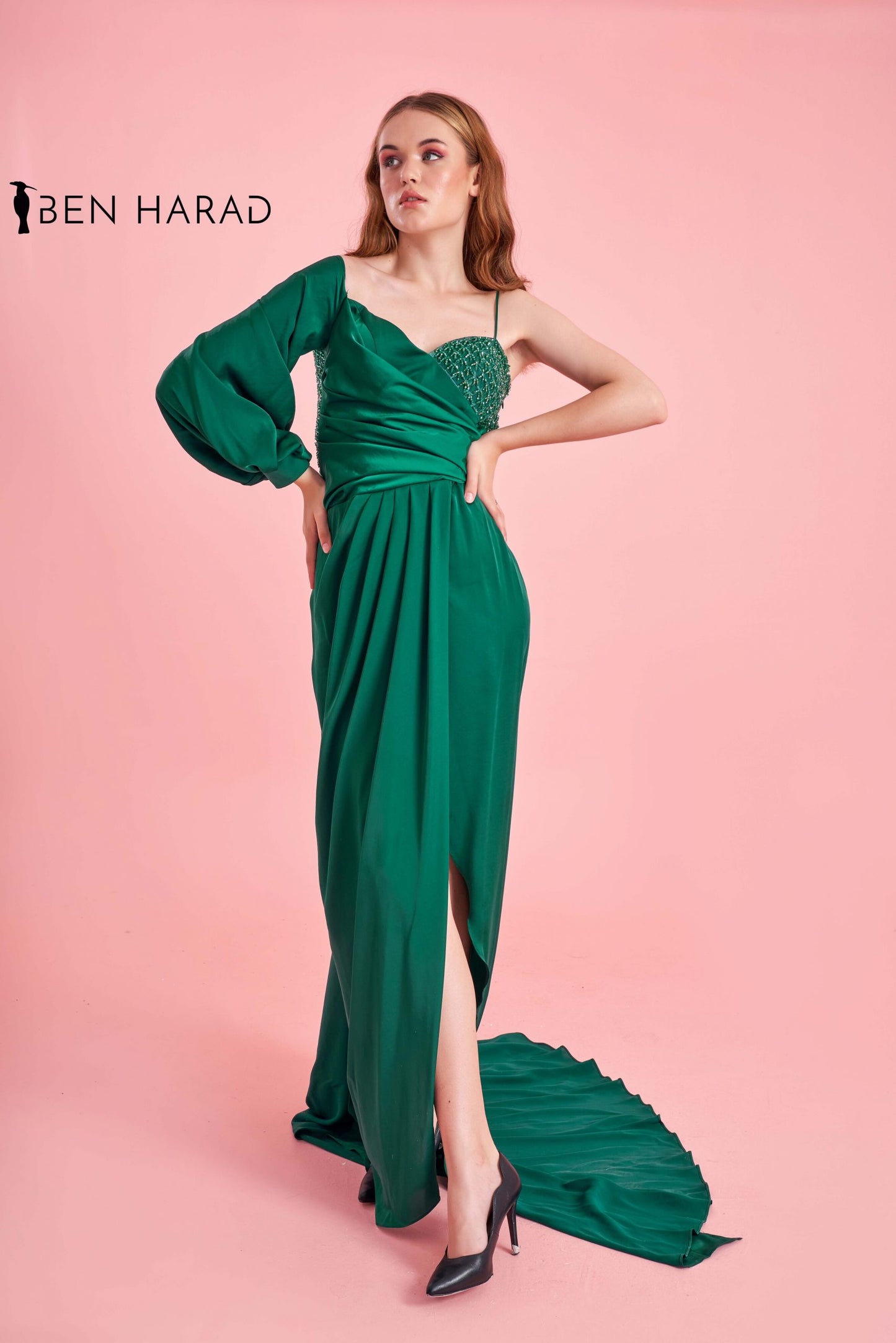 Green Front Folded Split Thigh Maxi Satin Dress