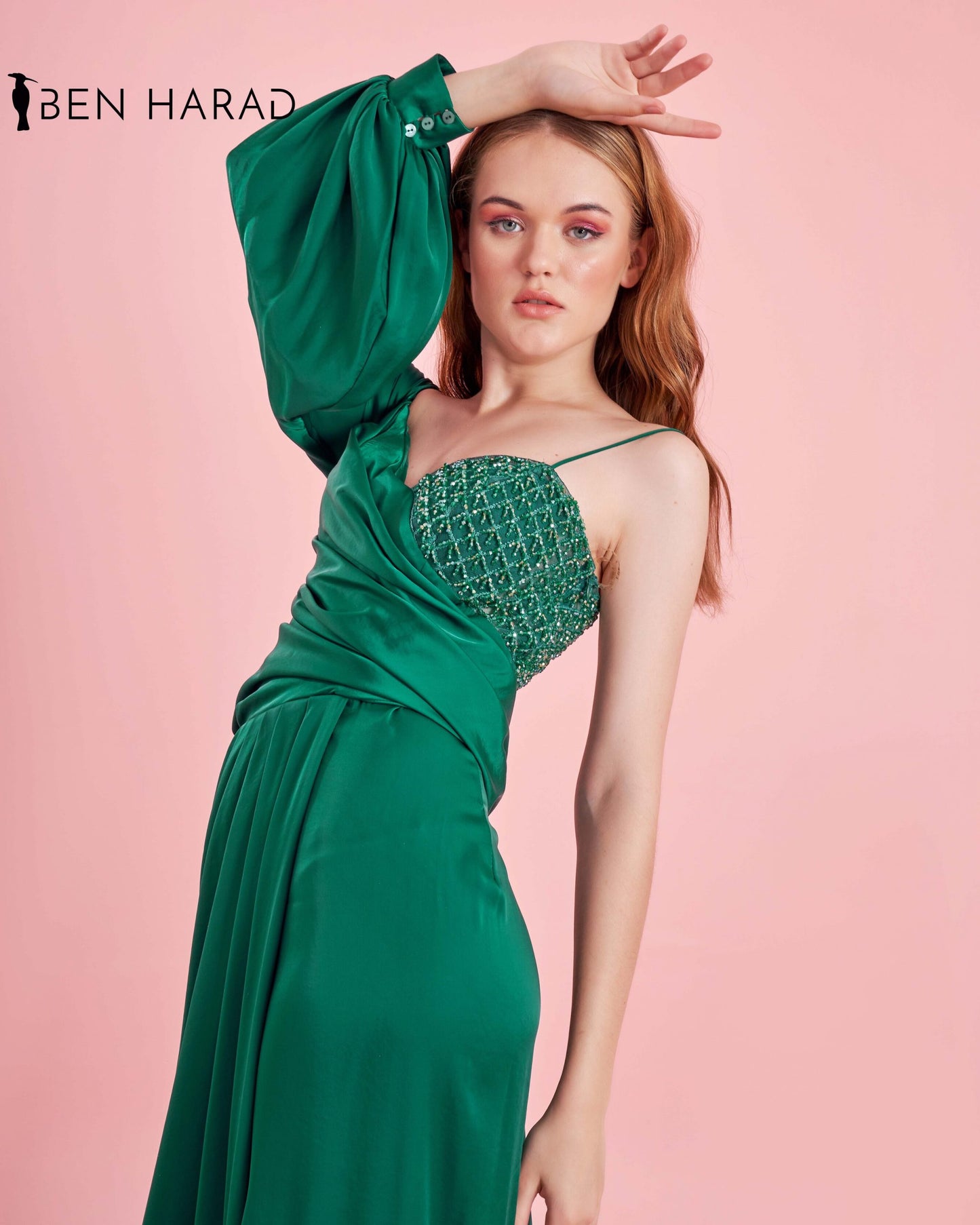 Green Front Folded Split Thigh Maxi Satin Dress
