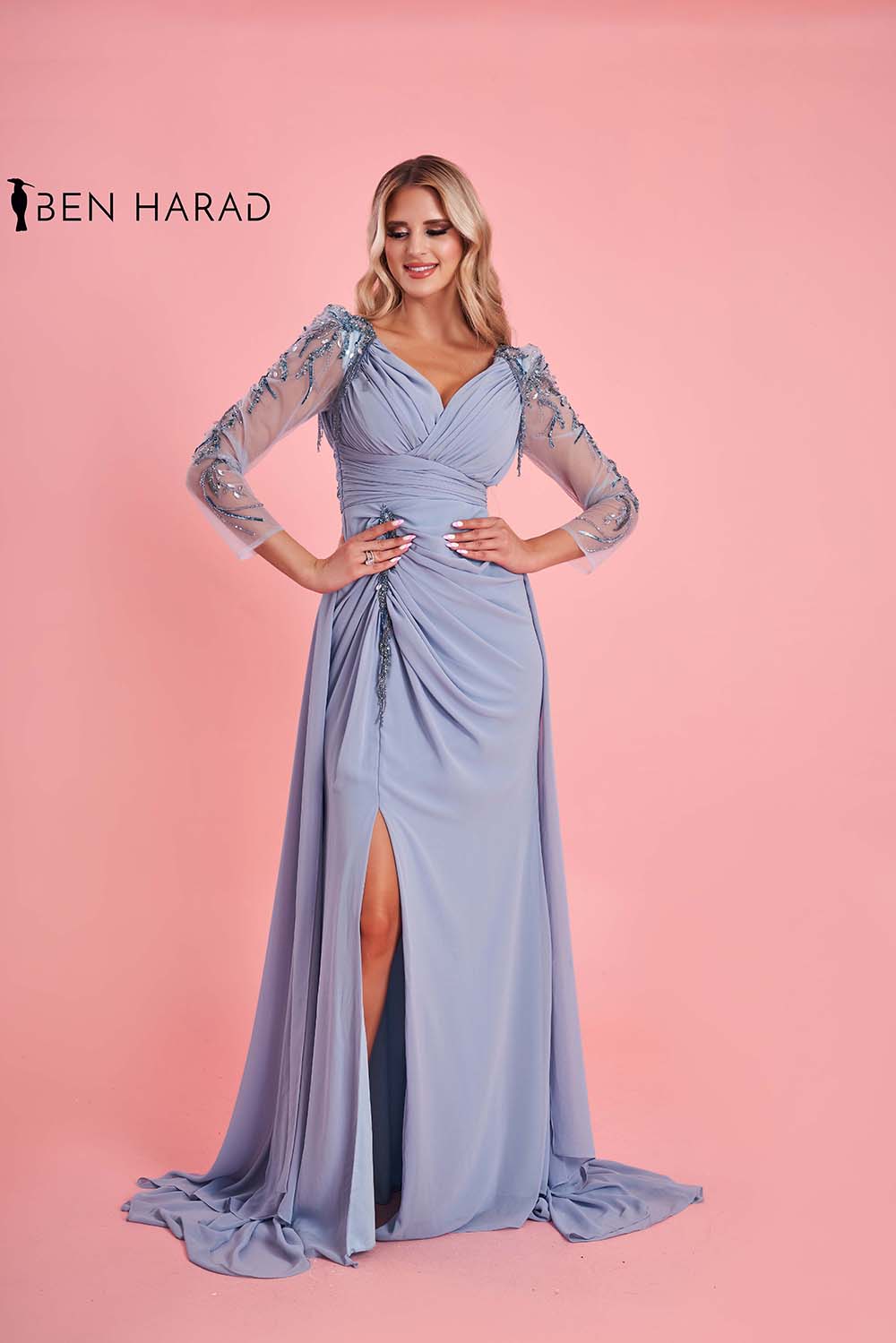 Pale Lavender Wrap Waist Full Sequin Embroidered Sleeve Deep V-Neck Split Thigh Draped Maxi Dress