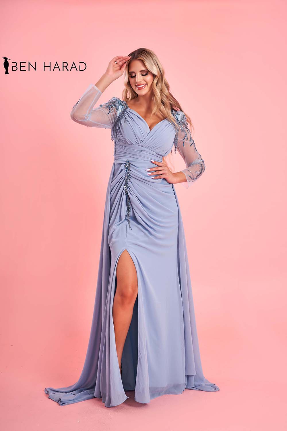 Pale Lavender Wrap Waist Full Sequin Embroidered Sleeve Deep V-Neck Split Thigh Draped Maxi Dress