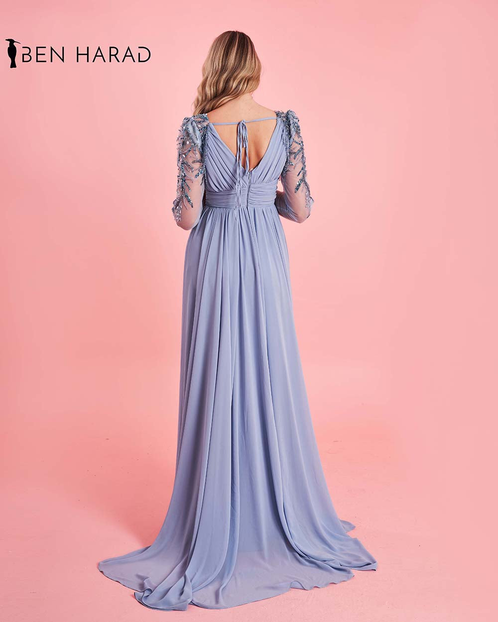 Pale Lavender Wrap Waist Full Sequin Embroidered Sleeve Deep V-Neck Split Thigh Draped Maxi Dress