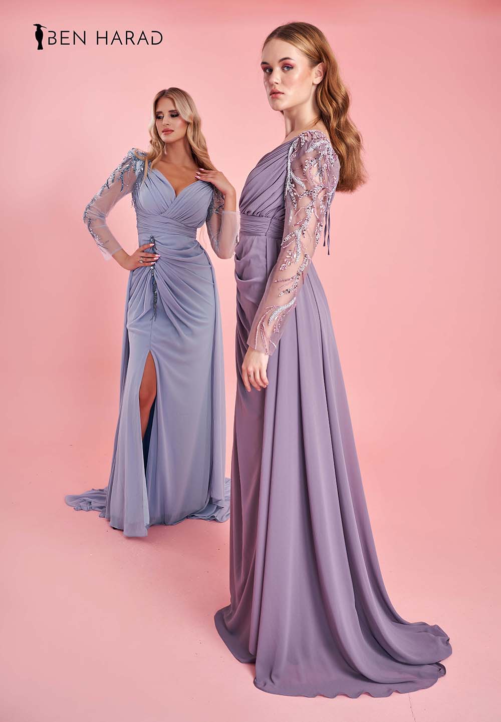 Dusty Purple Wrap Waist Full Sequin Embroidered Sleeve Deep V-Neck Split Thigh Draped Maxi Dress