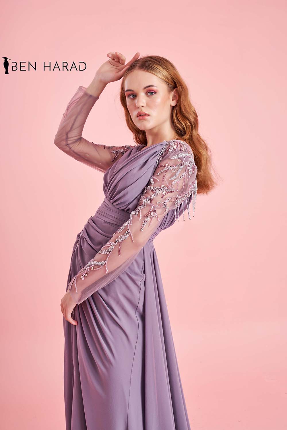 Dusty Purple Wrap Waist Full Sequin Embroidered Sleeve Deep V-Neck Split Thigh Draped Maxi Dress