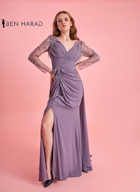 Dusty Purple Wrap Waist Full Sequin Embroidered Sleeve Deep V-Neck Split Thigh Draped Maxi Dress