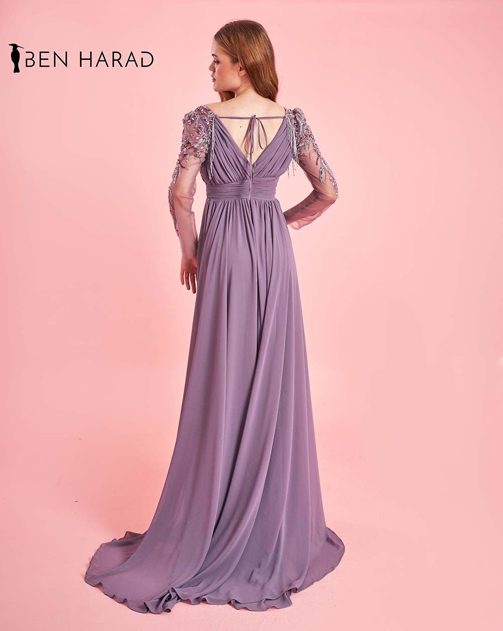 Dusty Purple Wrap Waist Full Sequin Embroidered Sleeve Deep V-Neck Split Thigh Draped Maxi Dress