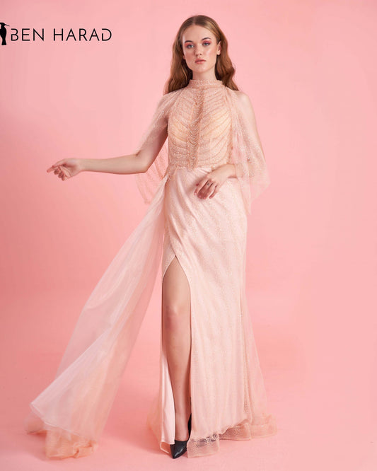 Millennial Pink Split Thigh Sequin Maxi Dress