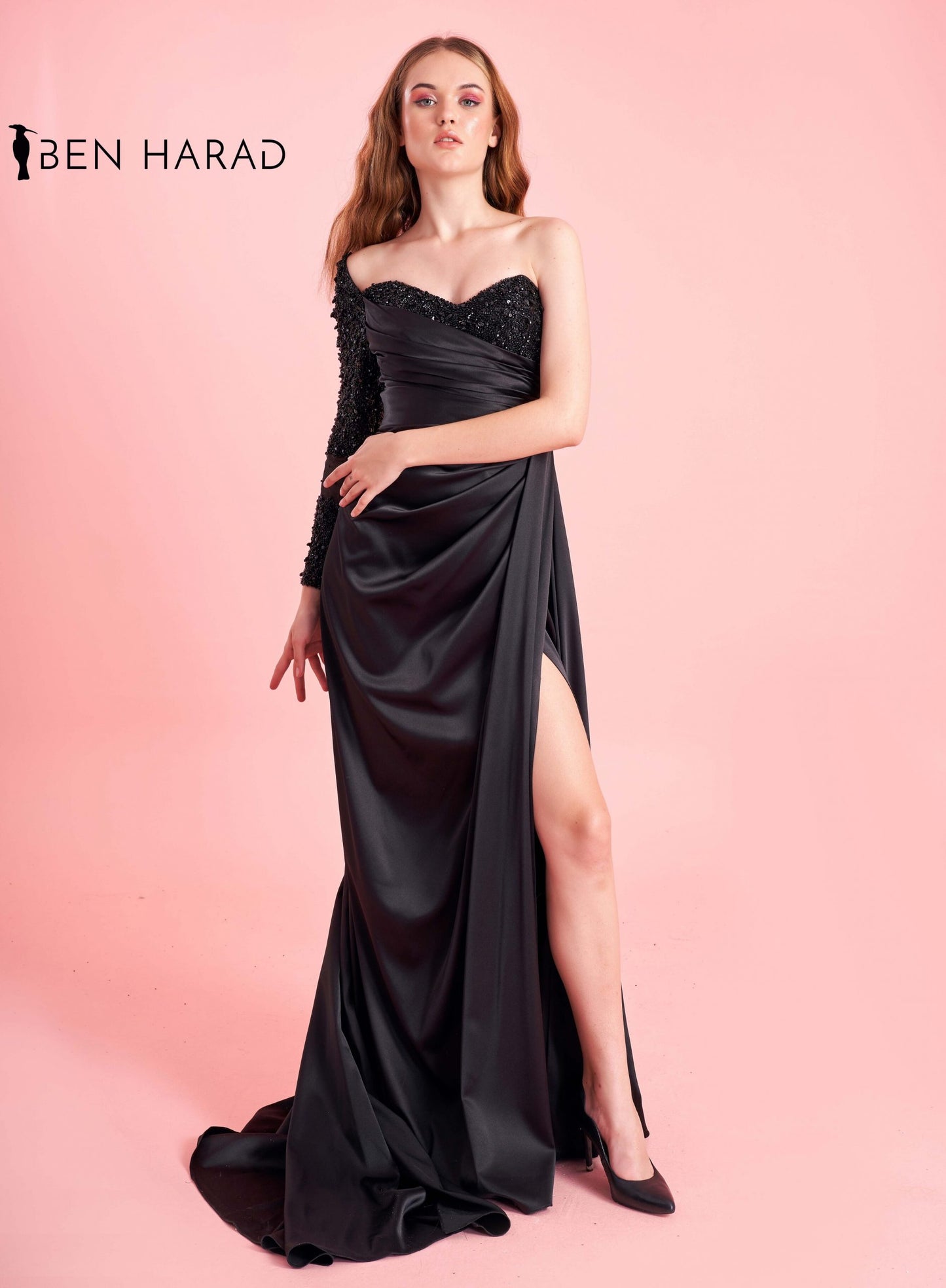 Black Long Side Folded Satin Dress With Sequin Bodice