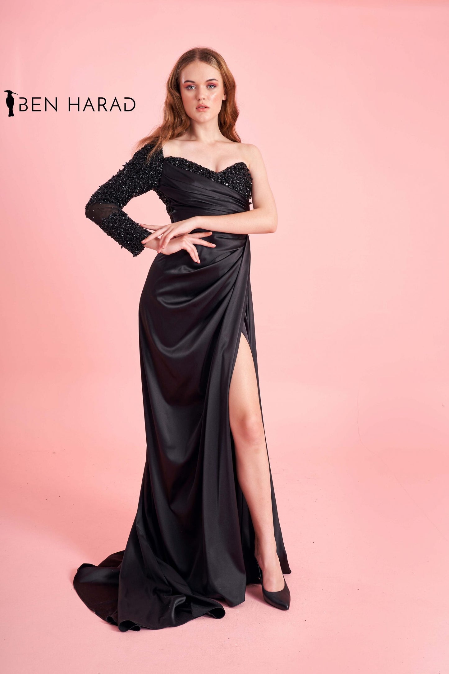Black Long Side Folded Satin Dress With Sequin Bodice