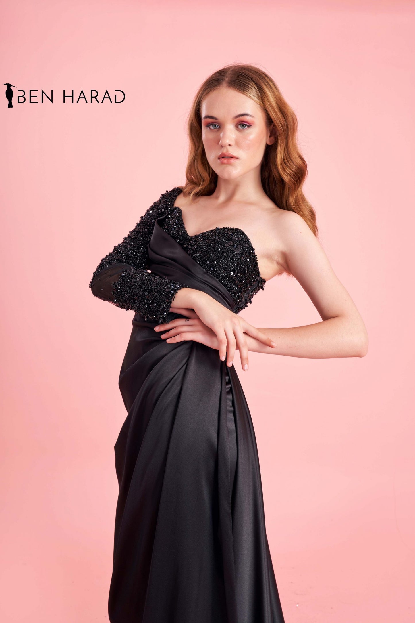 Black Long Side Folded Satin Dress With Sequin Bodice