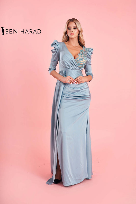 Silver Slate Deep V Neck Embroidered Satin Dress