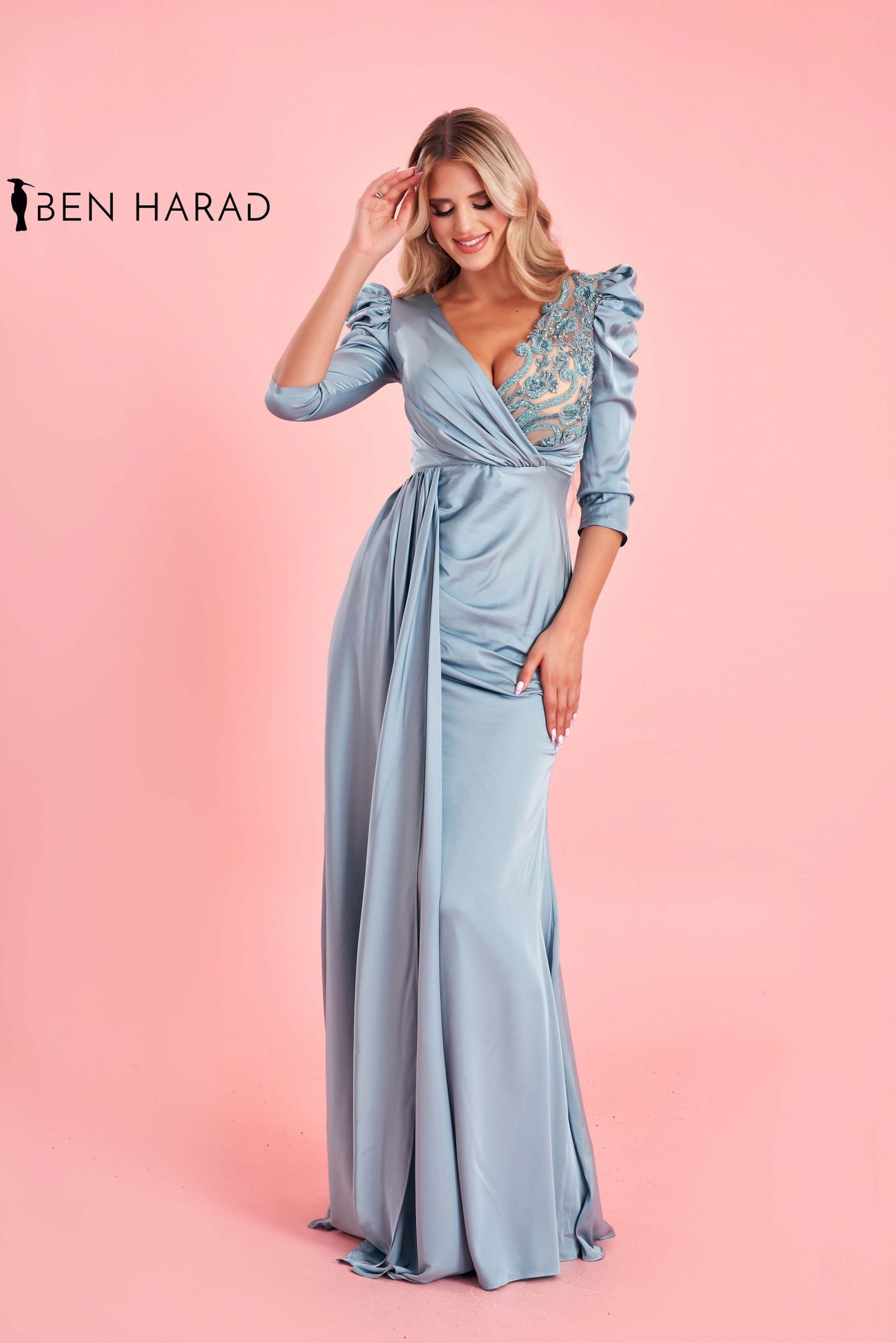 Silver Slate Deep V Neck Embroidered Satin Dress