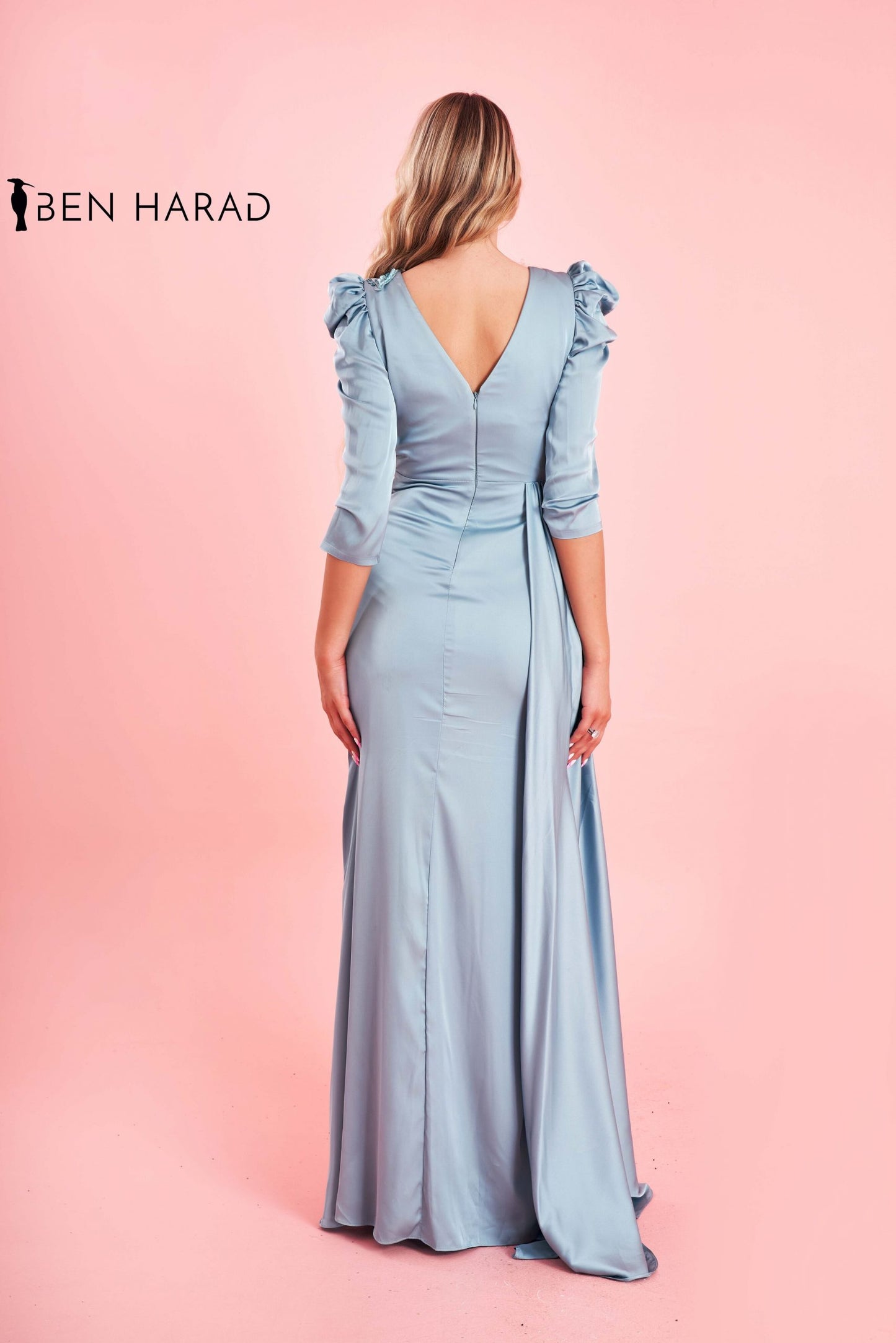 Silver Slate Deep V Neck Embroidered Satin Dress