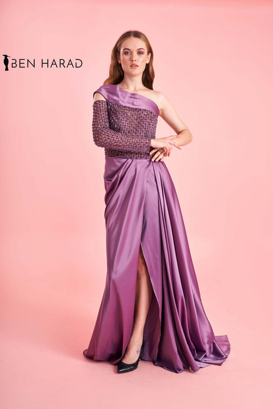 Plum Purple Embroidered Sequin Bodice Split Thigh Maxi Satin Dress