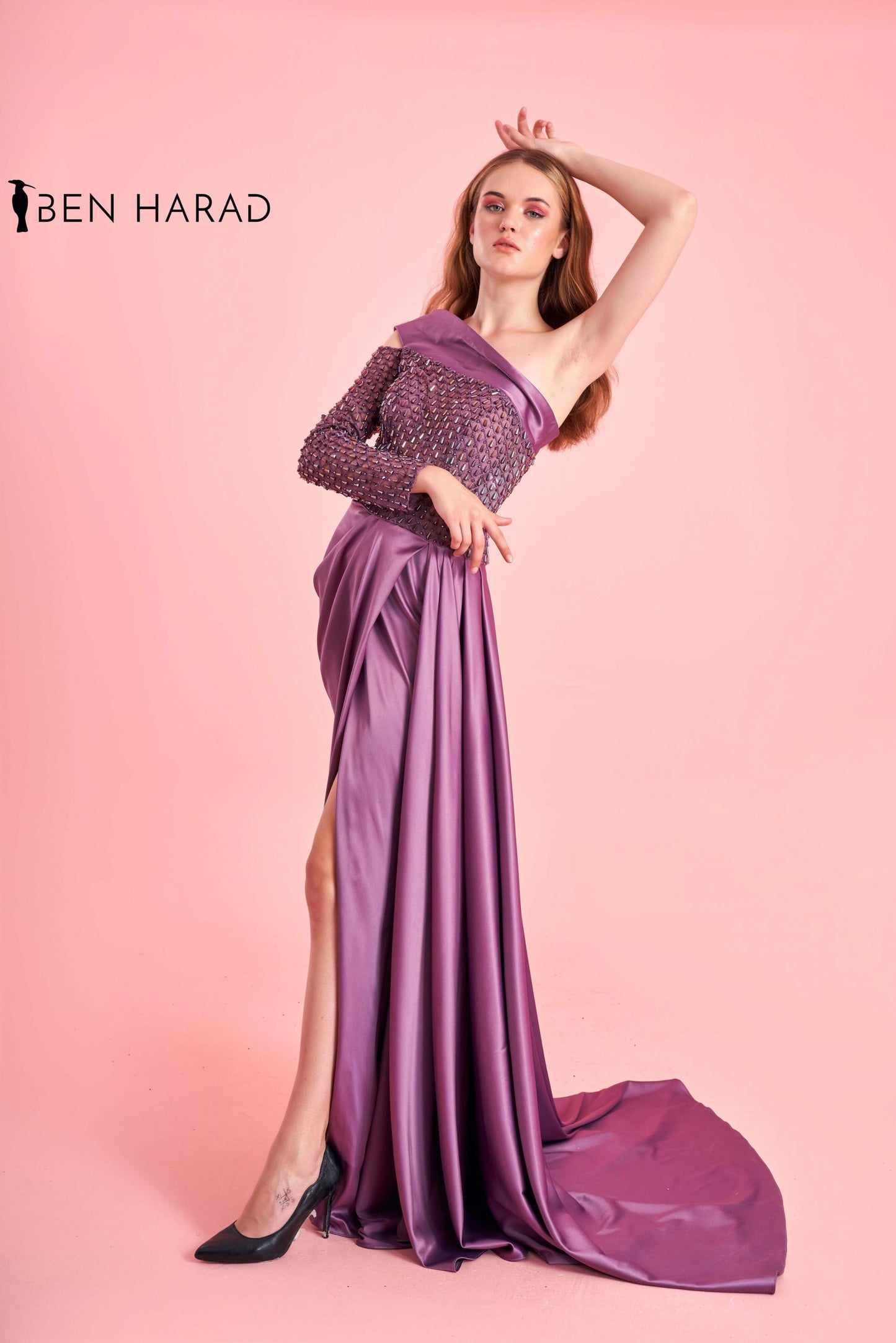 Plum Purple Embroidered Sequin Bodice Split Thigh Maxi Satin Dress