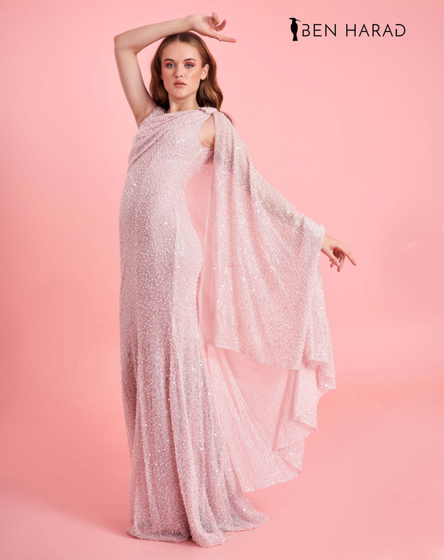 Pink Beaded Sequin One Shoulder Attached Drape Maxi Dress