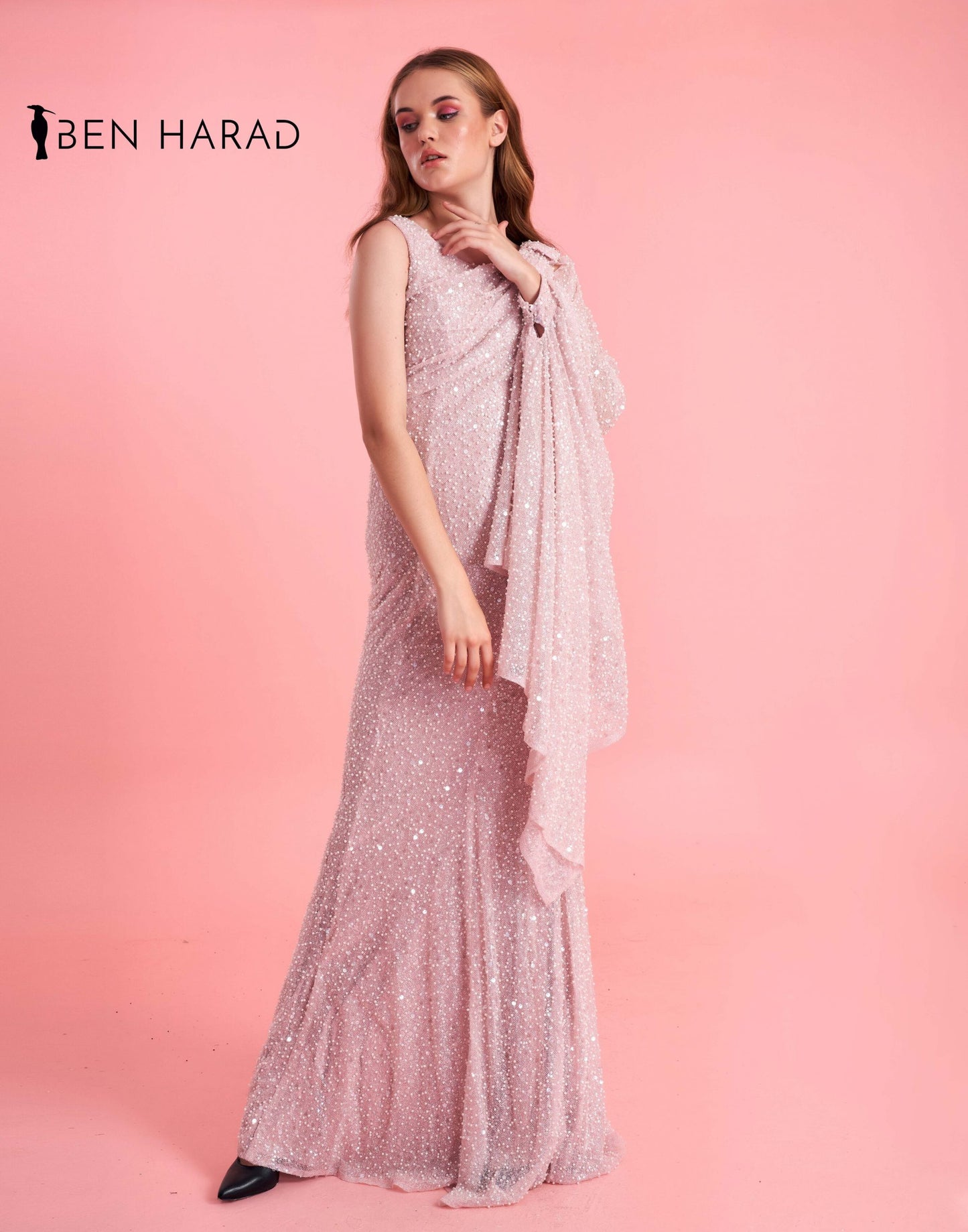 Pink Beaded Sequin One Shoulder Attached Drape Maxi Dress