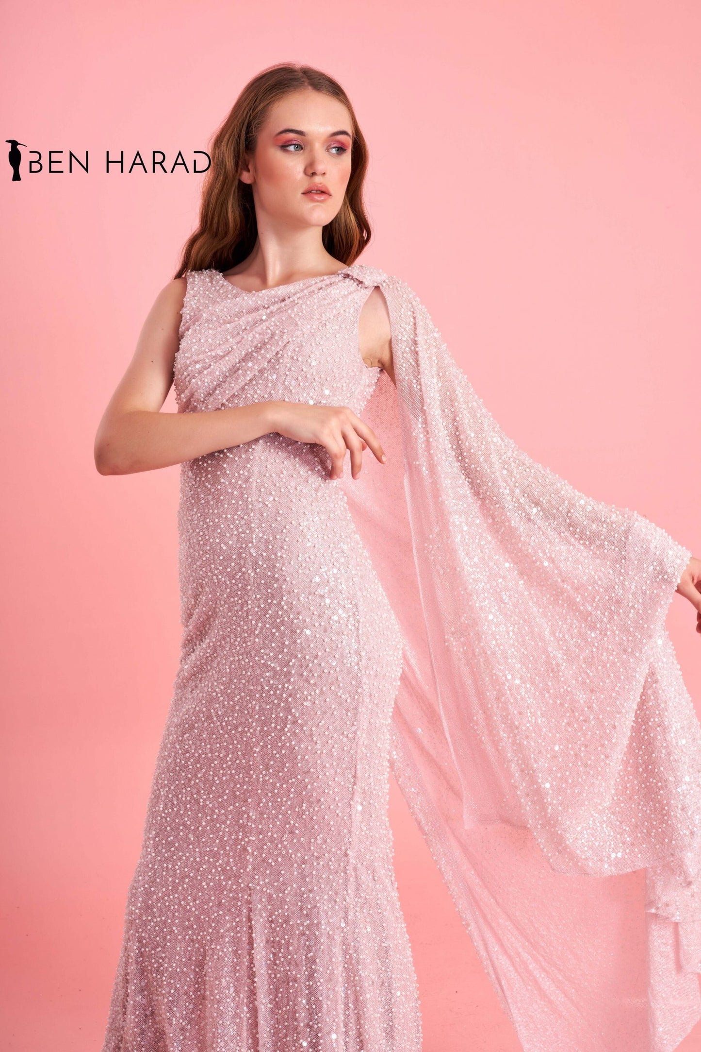 Pink Beaded Sequin One Shoulder Attached Drape Maxi Dress