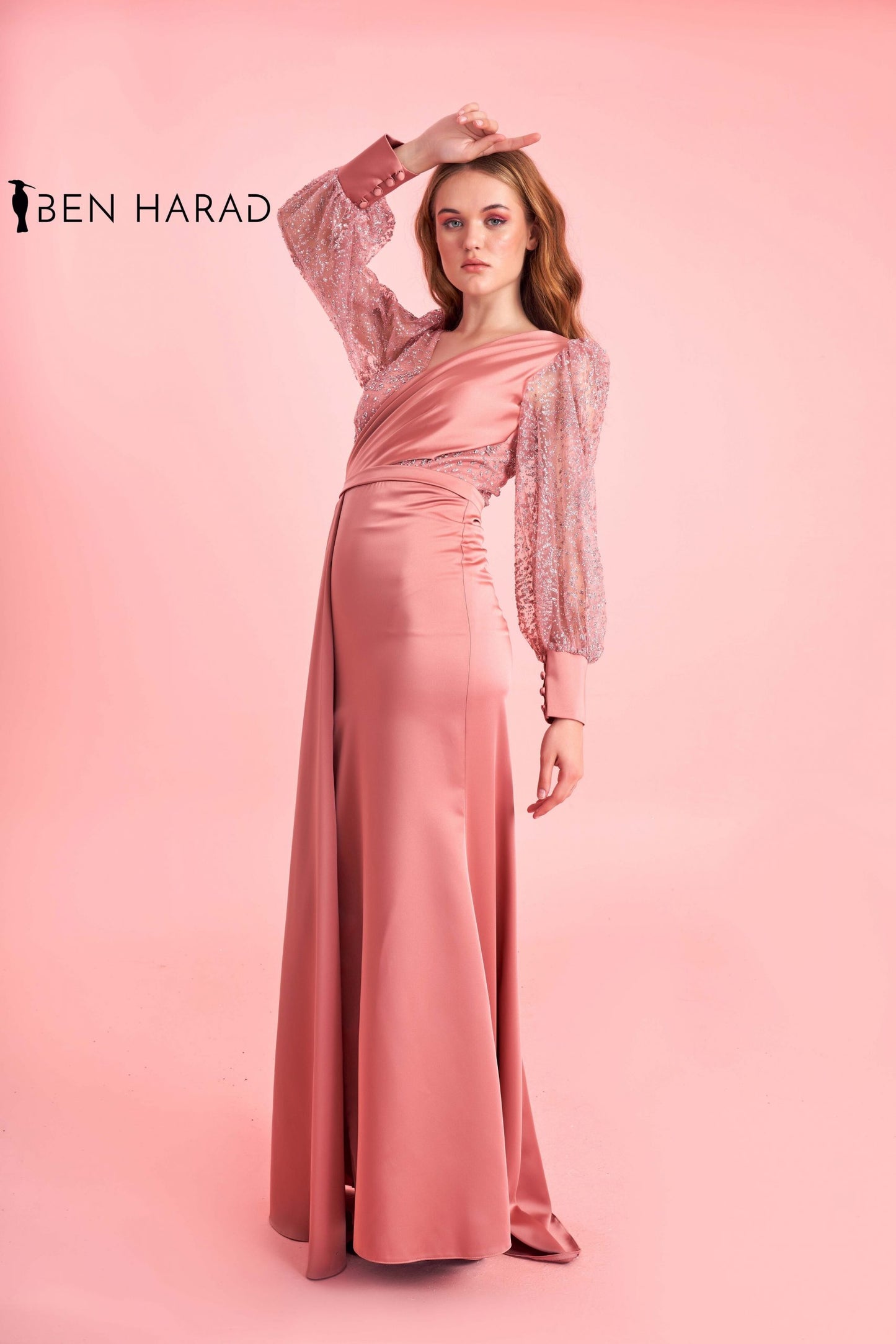Coral Pink Glittery Sequin Shoulders Split Thigh Maxi Satin Dress