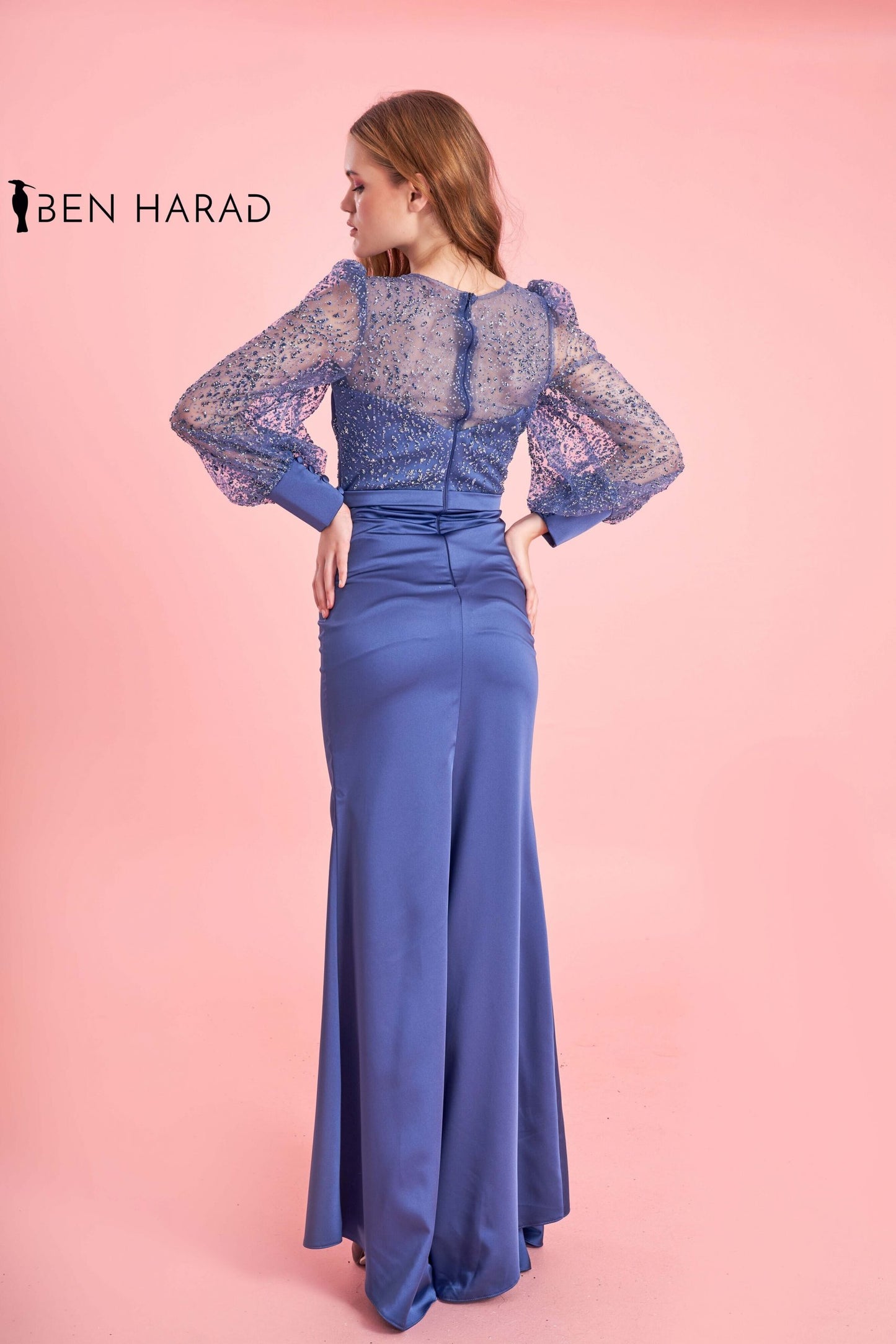 Blue Glittery Sequin Shoulders Split Thigh Maxi Satin Dress