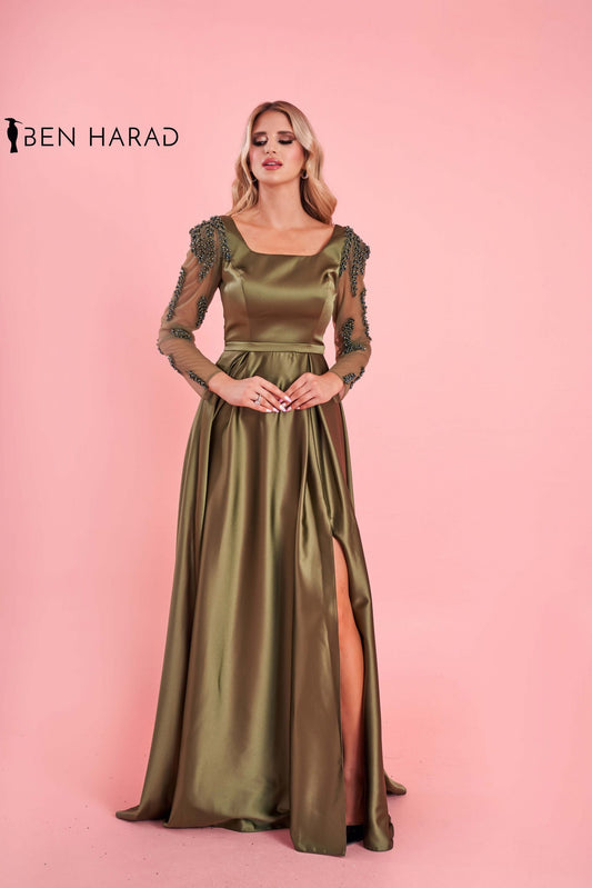 Green Satin Maxi Dress With Embroidered Sequin Sleeves