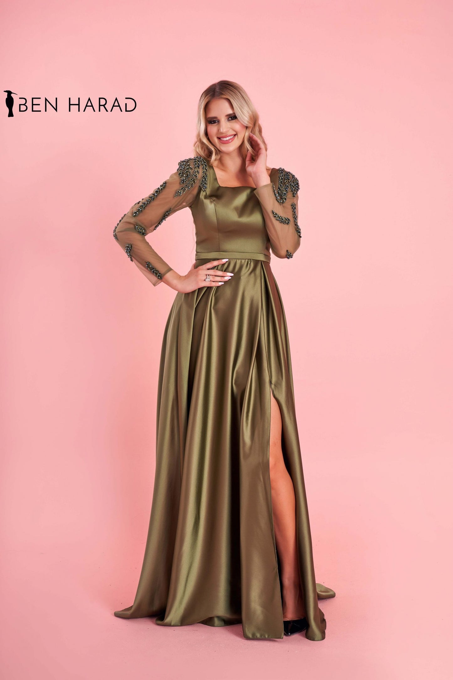 Green Satin Maxi Dress With Embroidered Sequin Sleeves